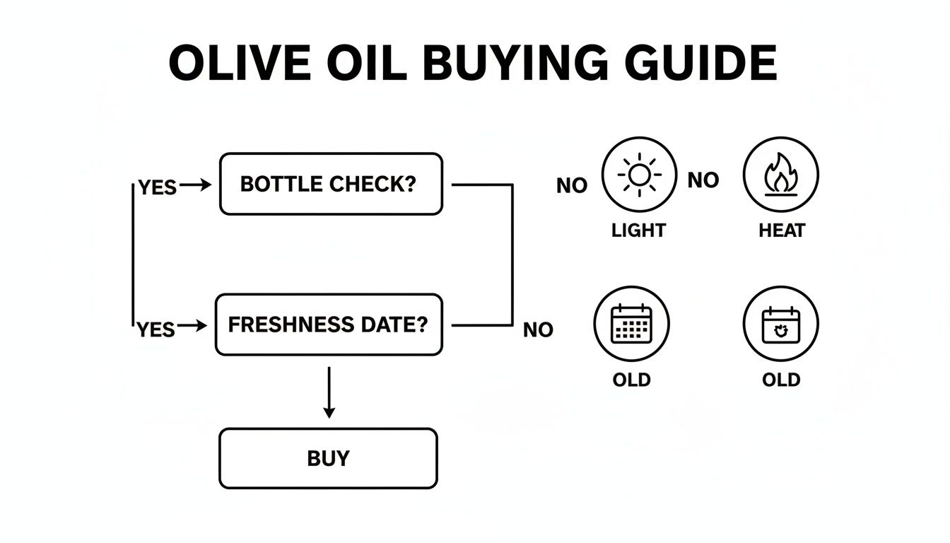 Flowchart for buying olive oil, highlighting bottle check, freshness, and avoiding light, heat, and old dates.