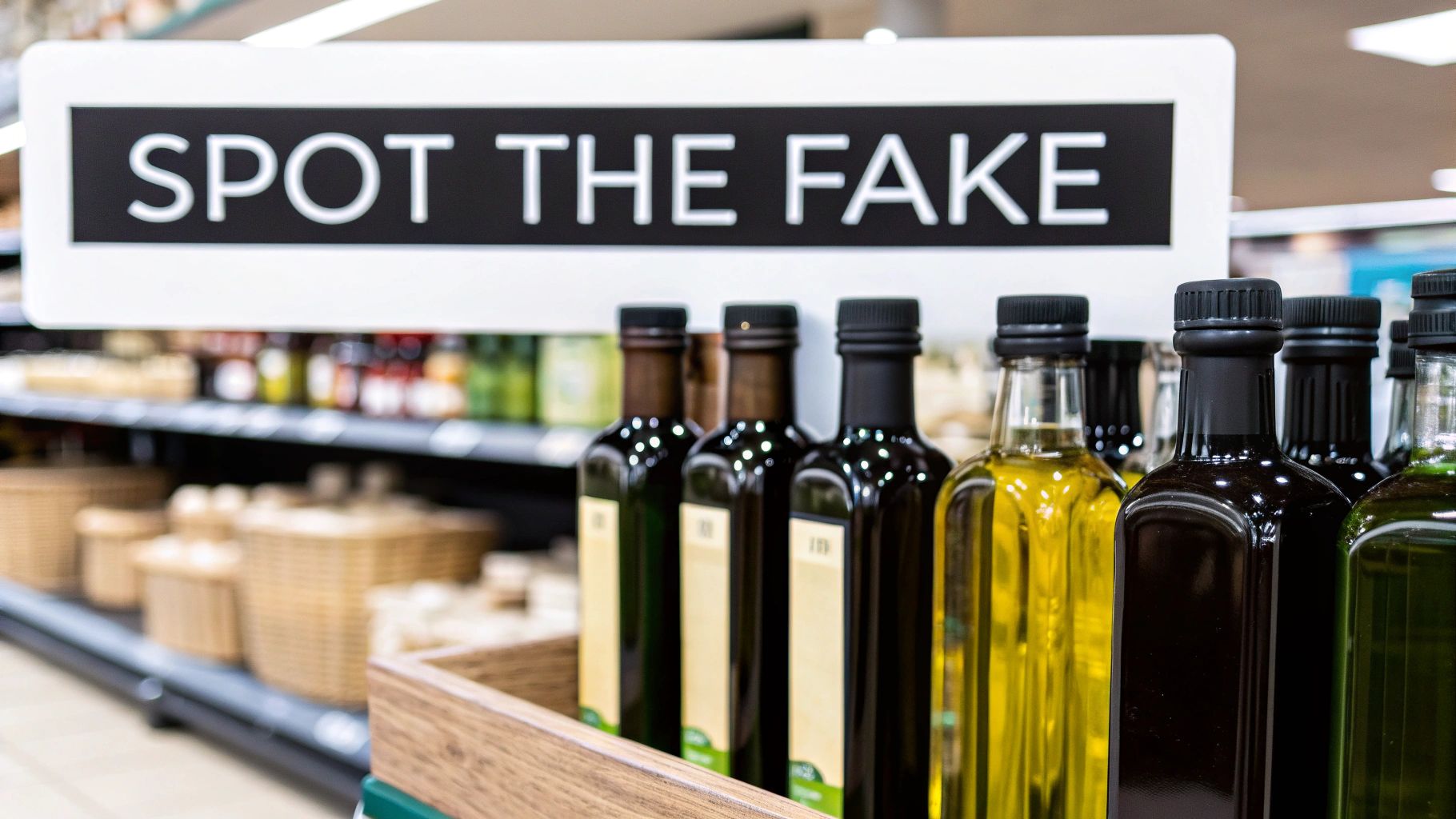 Bottles of olive oil in a retail display with a 'Spot the Fake' sign.