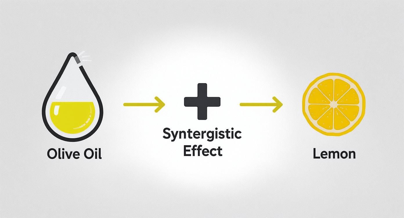 A diagram illustrating olive oil and a synergistic effect combining to result in a lemon.