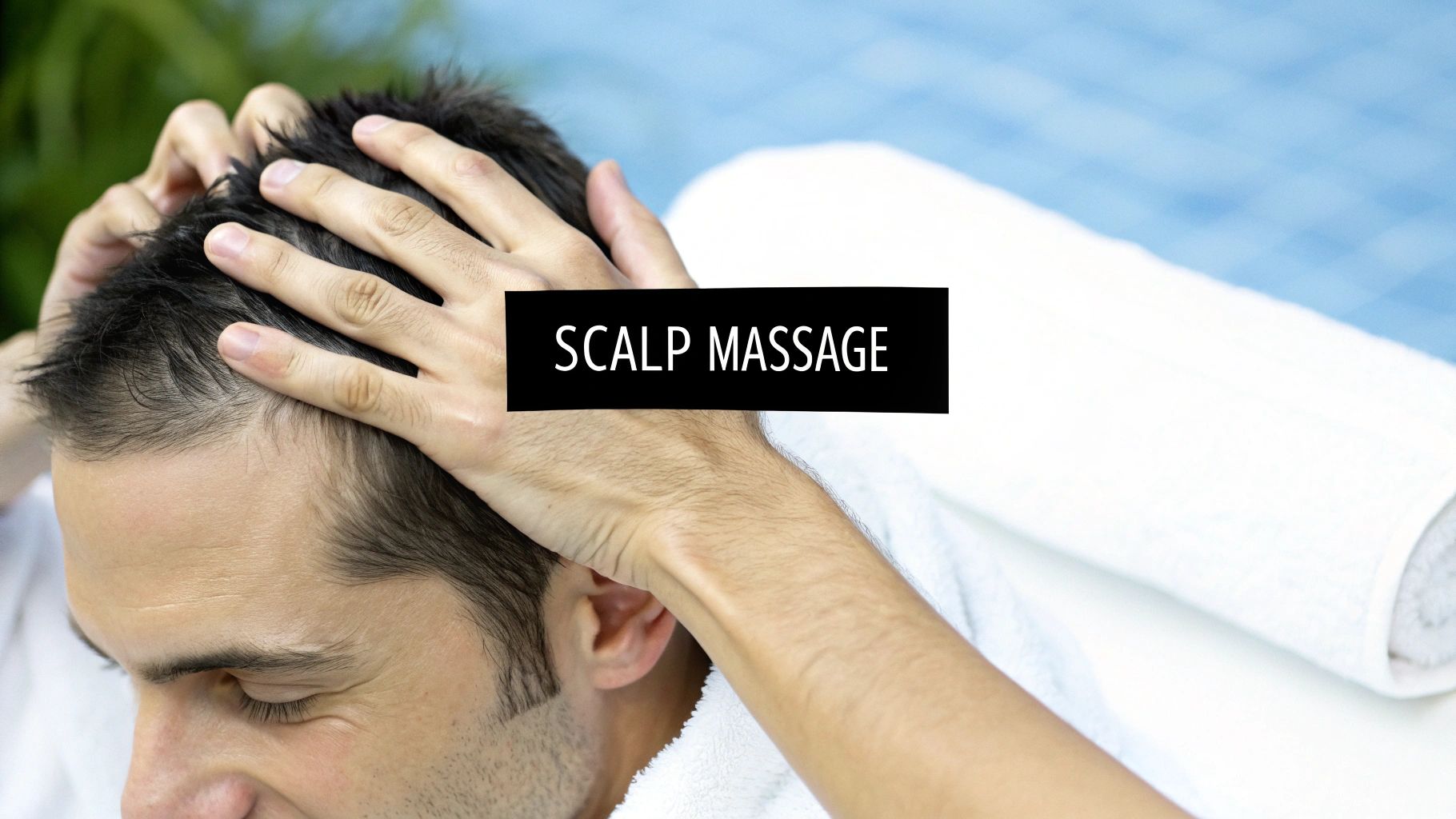 Close-up of a man performing a scalp massage with his hands to promote hair growth.