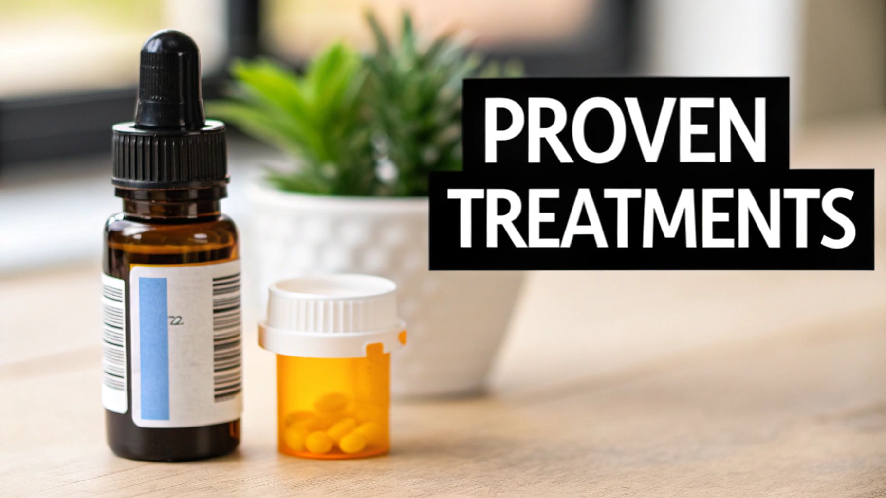 Amber dropper bottle and orange pill container on desk representing proven hair loss treatments