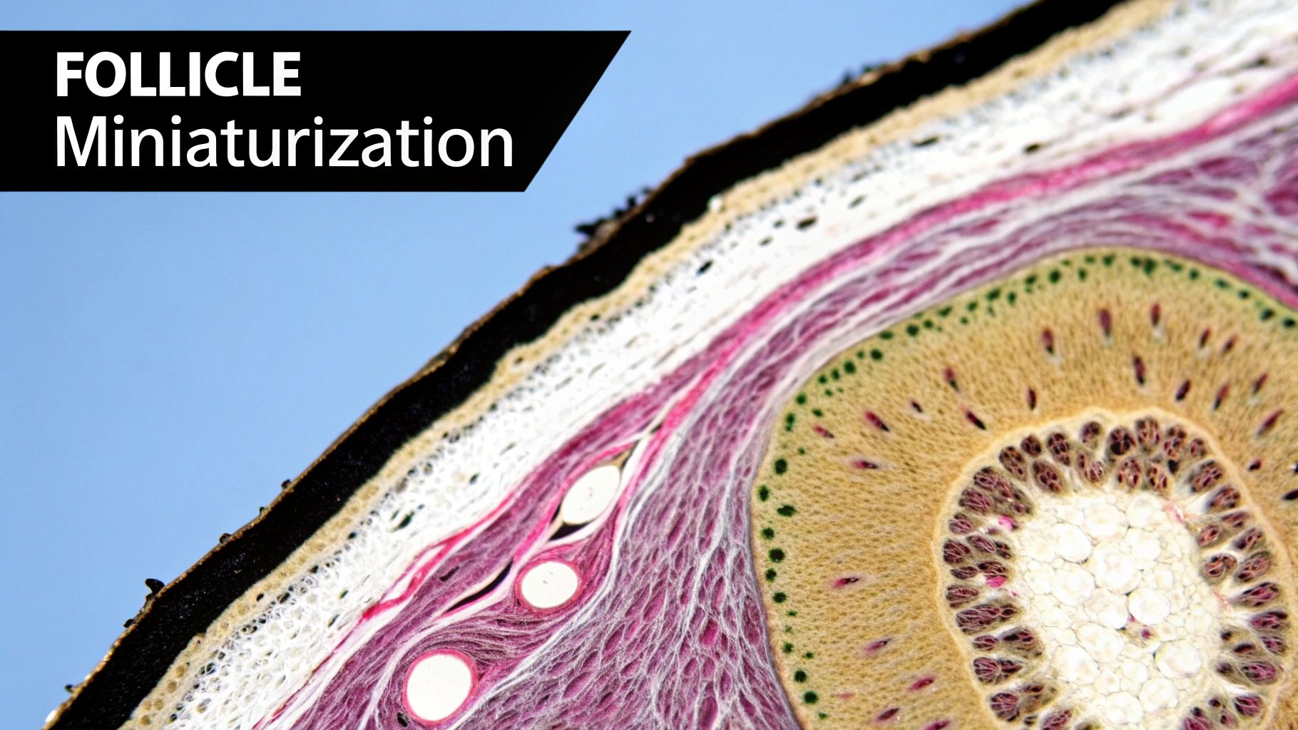 A diagram showing a cross-section of a healthy hair follicle and its components within the skin