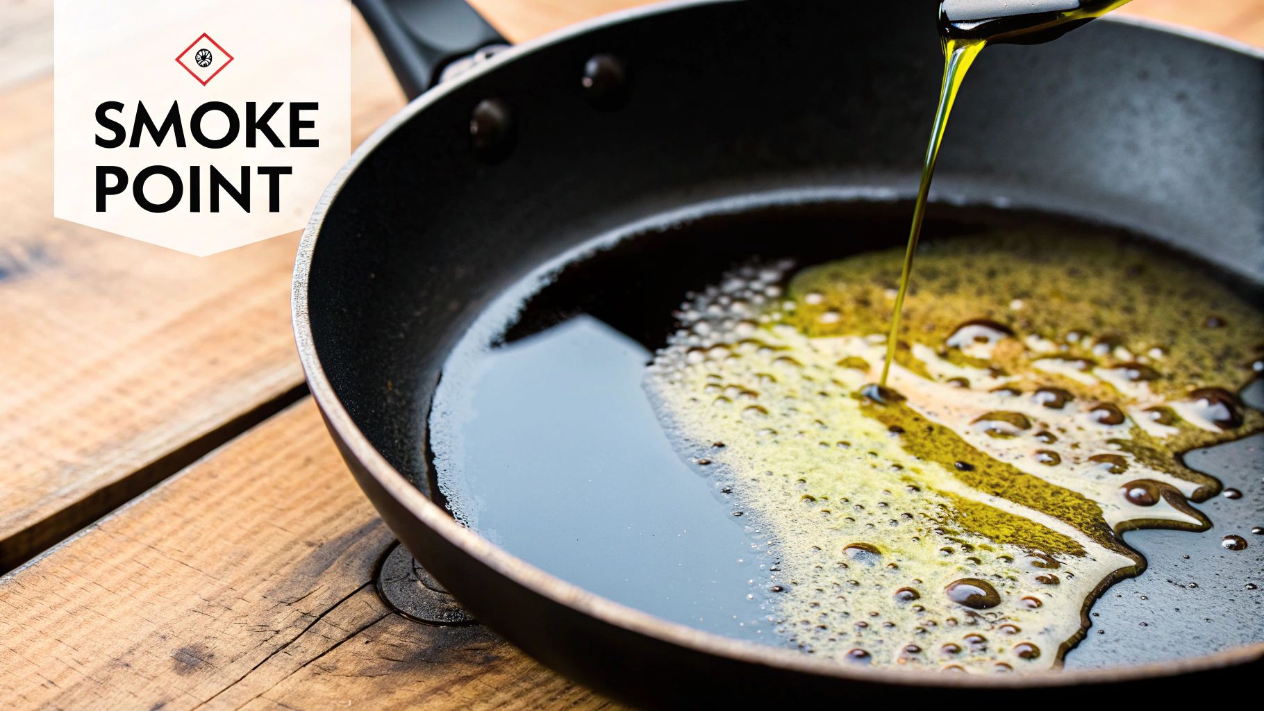 Pan on a stove with olive oil just beginning to smoke lightly.