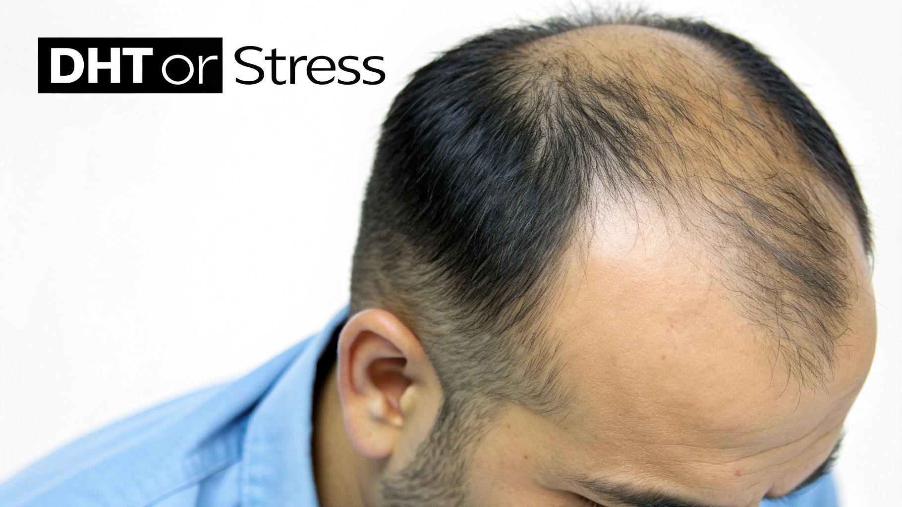 Close-up of a person experiencing significant hair loss and a receding hairline, with text 'DHT or Stress'.