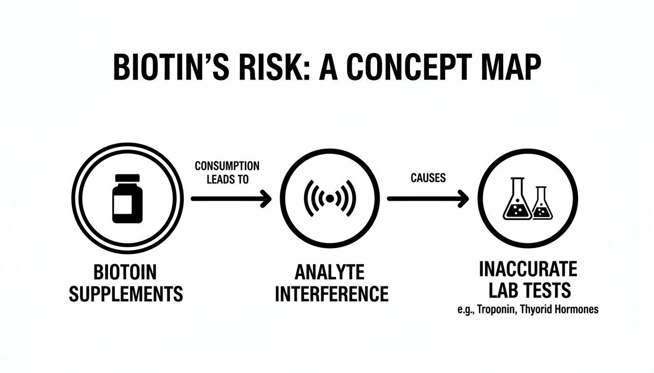 Concept map showing how biotin supplements lead to analyte interference and inaccurate lab test results.