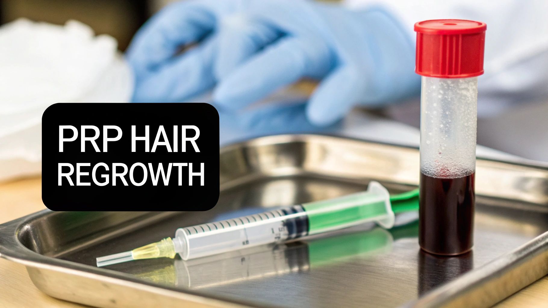 A medical tray holding a blood sample tube and syringe for PRP hair regrowth treatment.