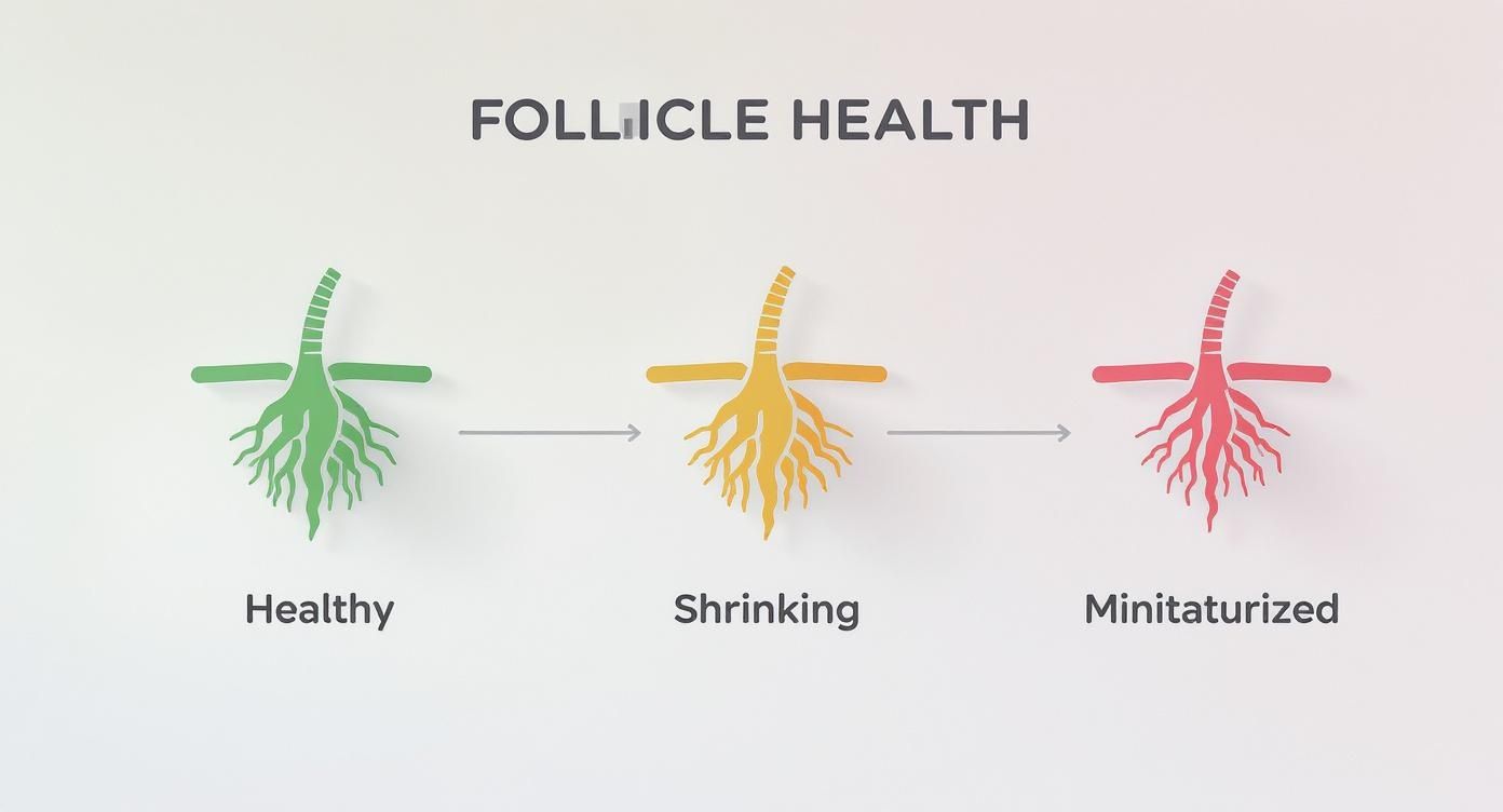 Illustration showing three stages of hair follicle health: healthy, shrinking, and miniaturized.