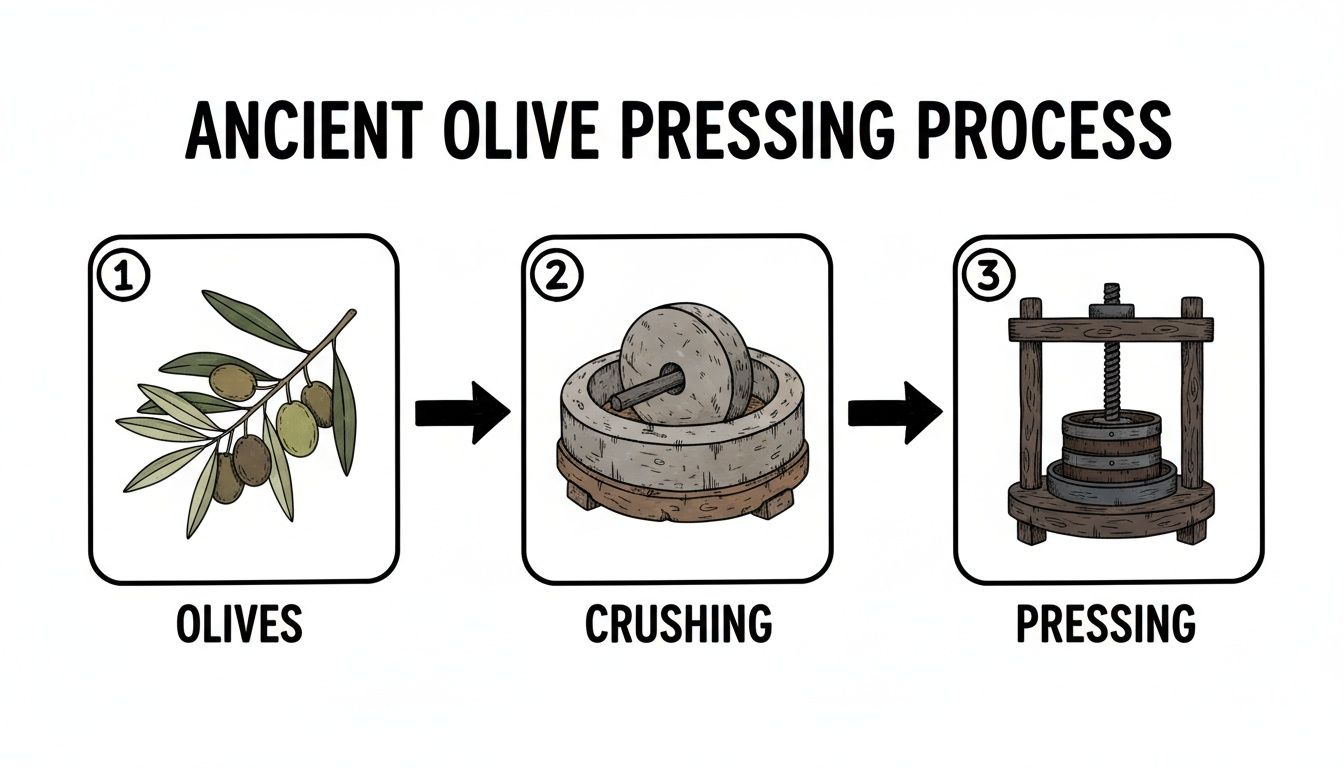 Illustrated steps of ancient olive oil extraction: olives, crushing with a millstone, and pressing.