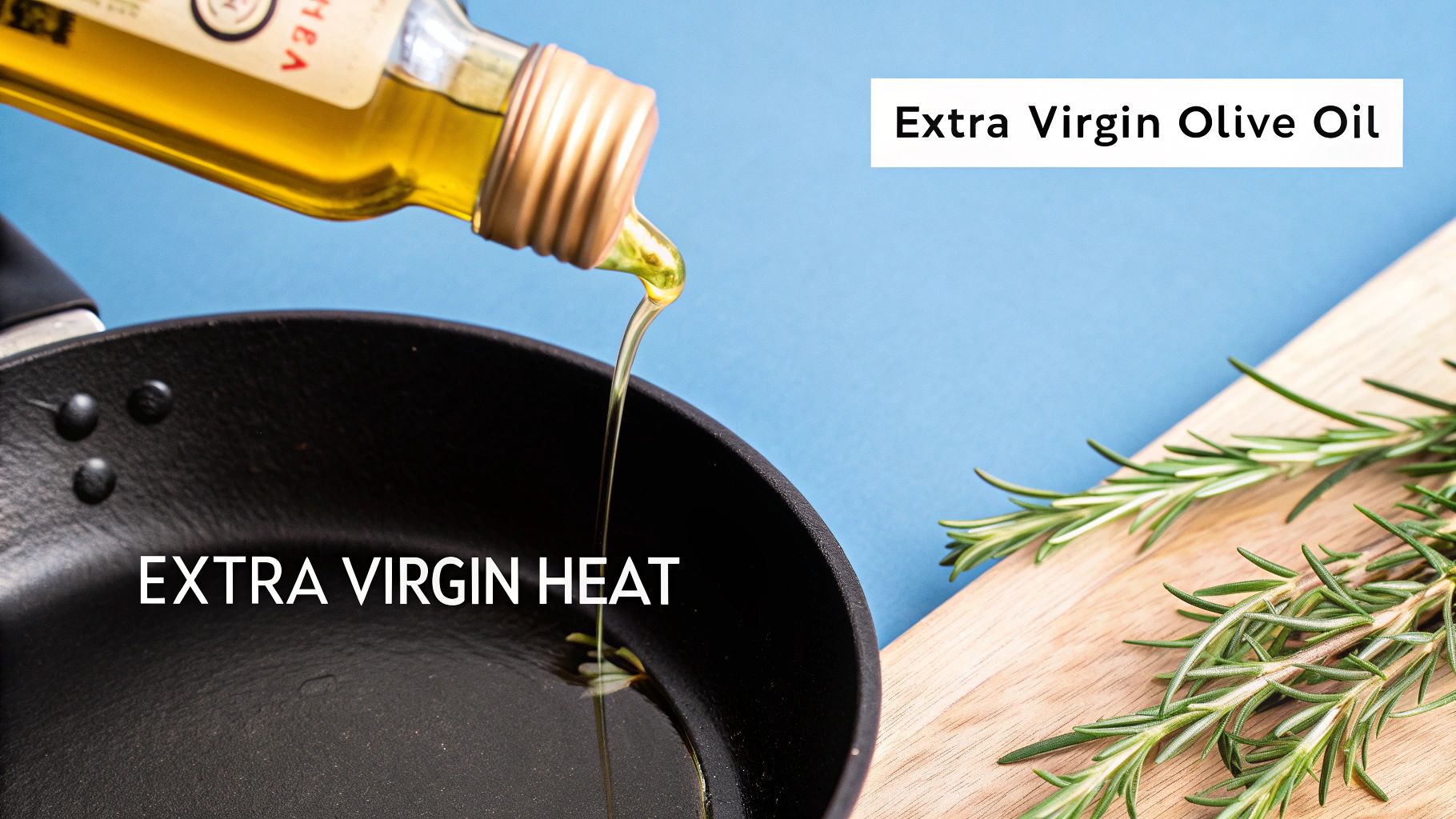 Extra virgin olive oil being poured from a bottle into a black pan, with rosemary herbs.