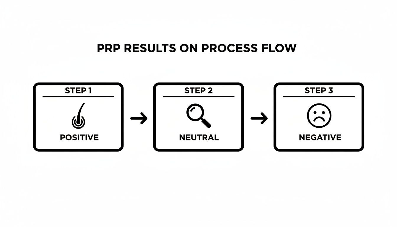 Flowchart illustrating PRP results process with positive, neutral, and negative outcomes for hair treatment.