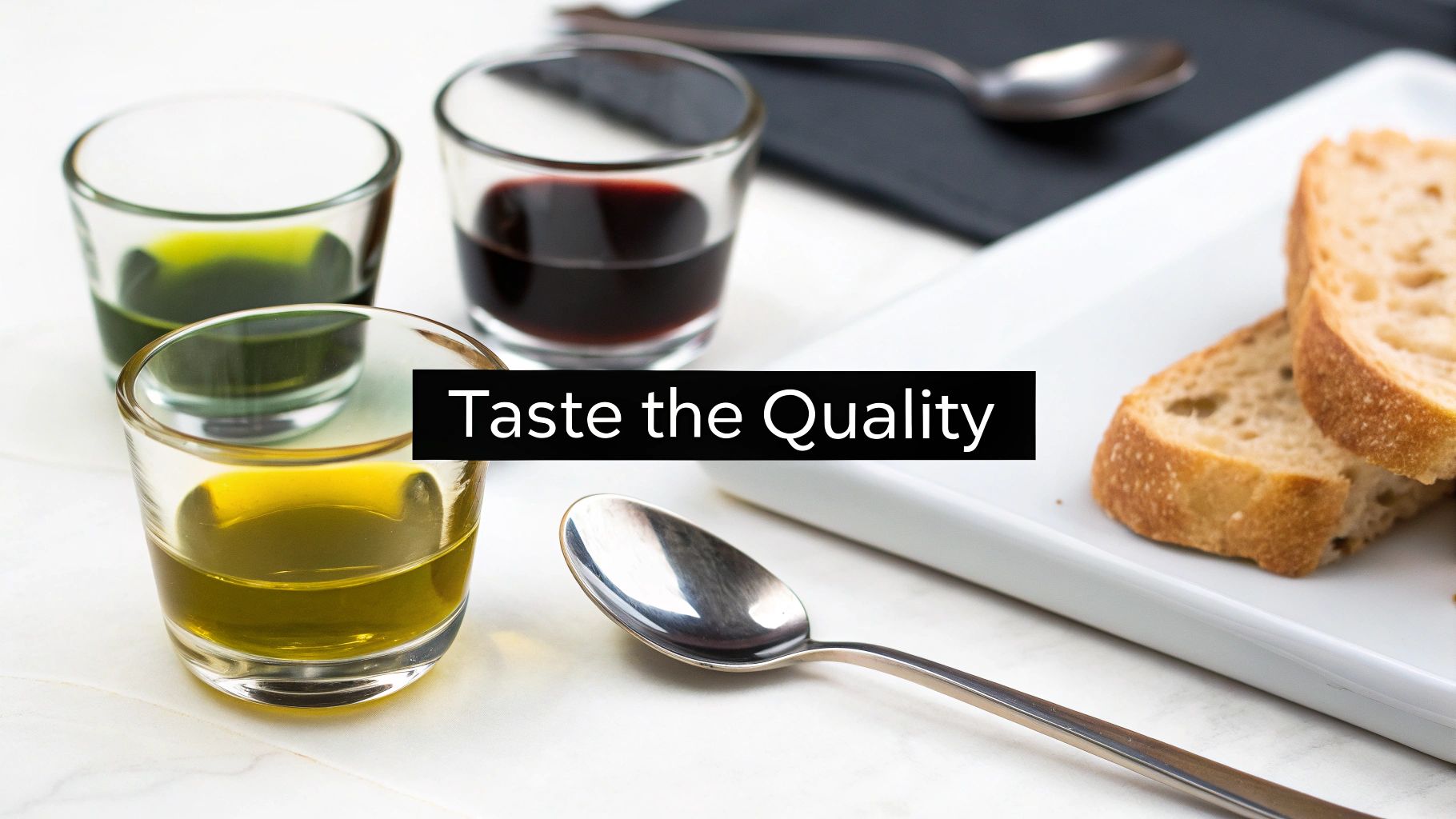 Three small glasses with green and golden olive oil, red wine, bread slices, and a spoon with text 'Taste the Quality'.