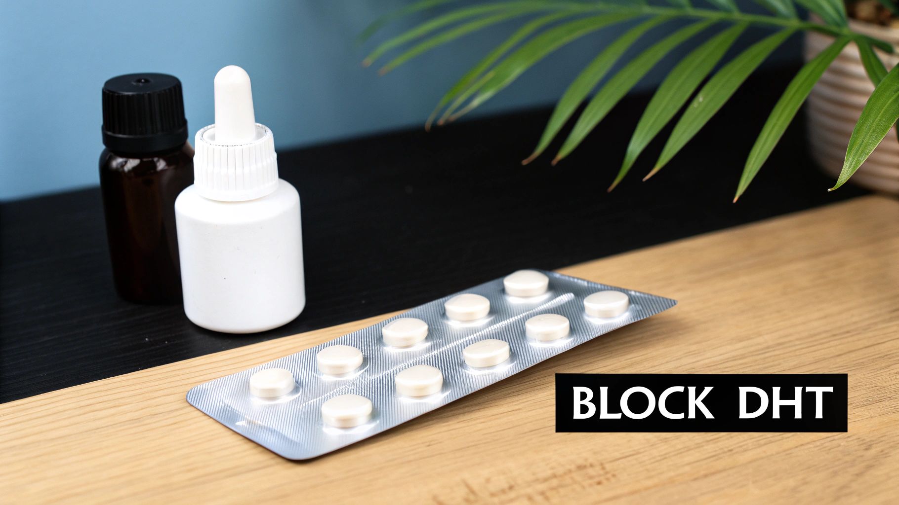Several bottles of hair loss treatment products on a clean, modern background