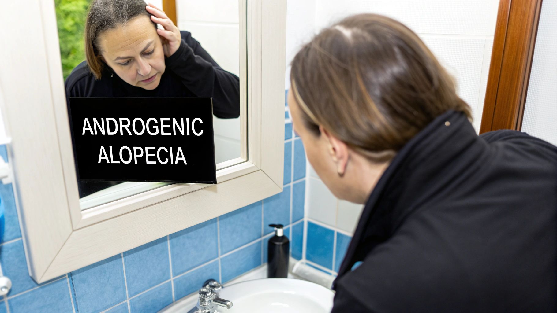 Person looking at their thinning hair in the mirror