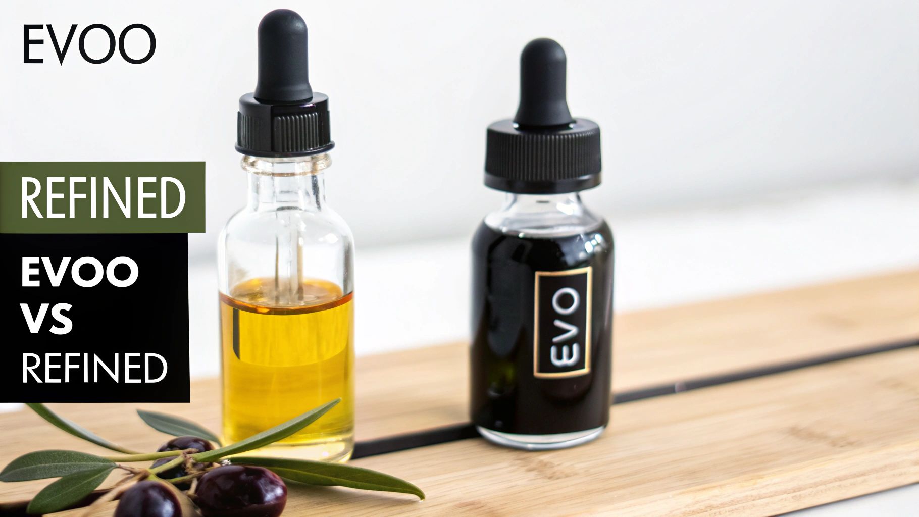 Two dropper bottles contrasting EVOO with refined olive oil, accompanied by olive branches.