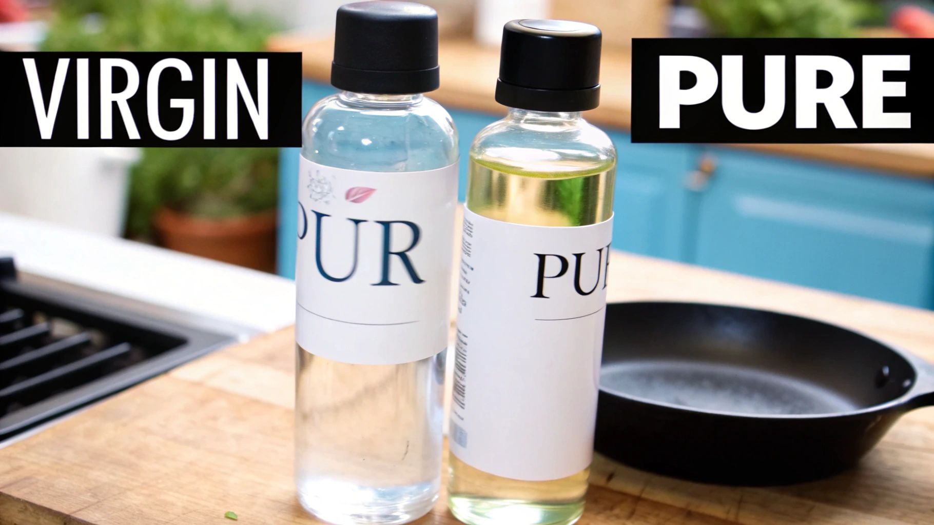 Two clear bottles, one with clear liquid and one with yellowish oil, illustrating 'VIRGIN' and 'PURE' grades.