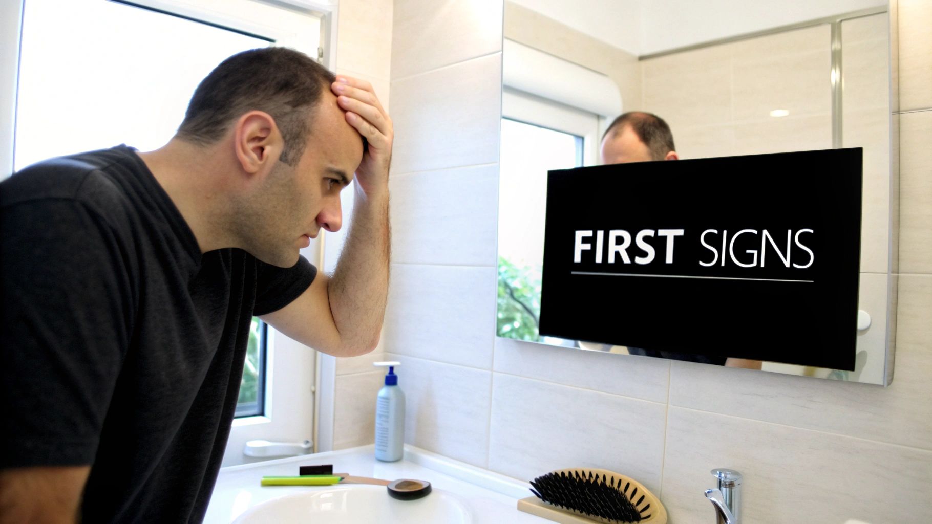A man looks concernedly at his reflection in a bathroom mirror, noticing the first signs of hair loss.