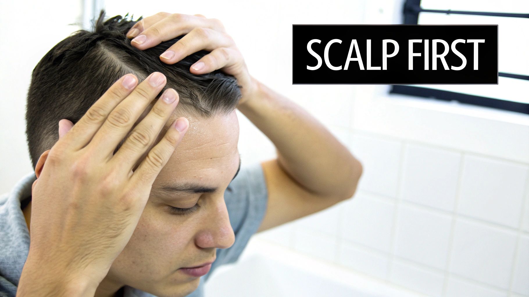 Person massaging scalp with both hands demonstrating proper scalp massage technique for hair health
