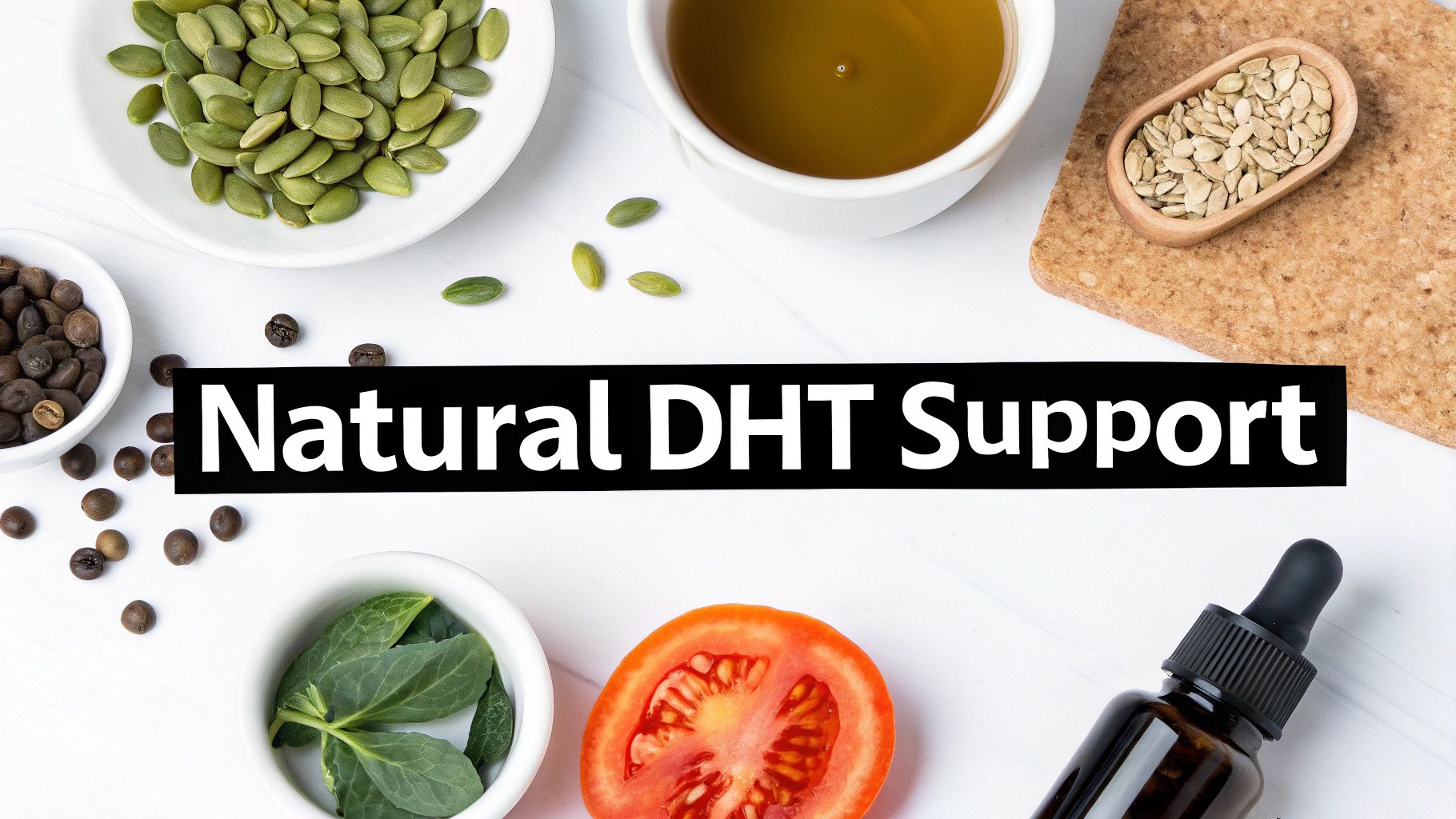 Natural DHT Support text surrounded by pumpkin seeds, coffee beans, tomato, oil, and a dropper bottle.