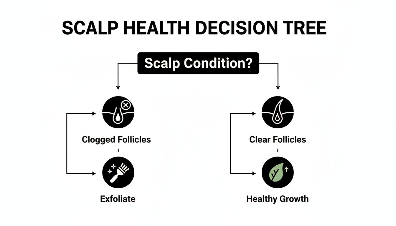 A decision tree flow chart illustrating scalp health, showing clogged follicles require exfoliation.
