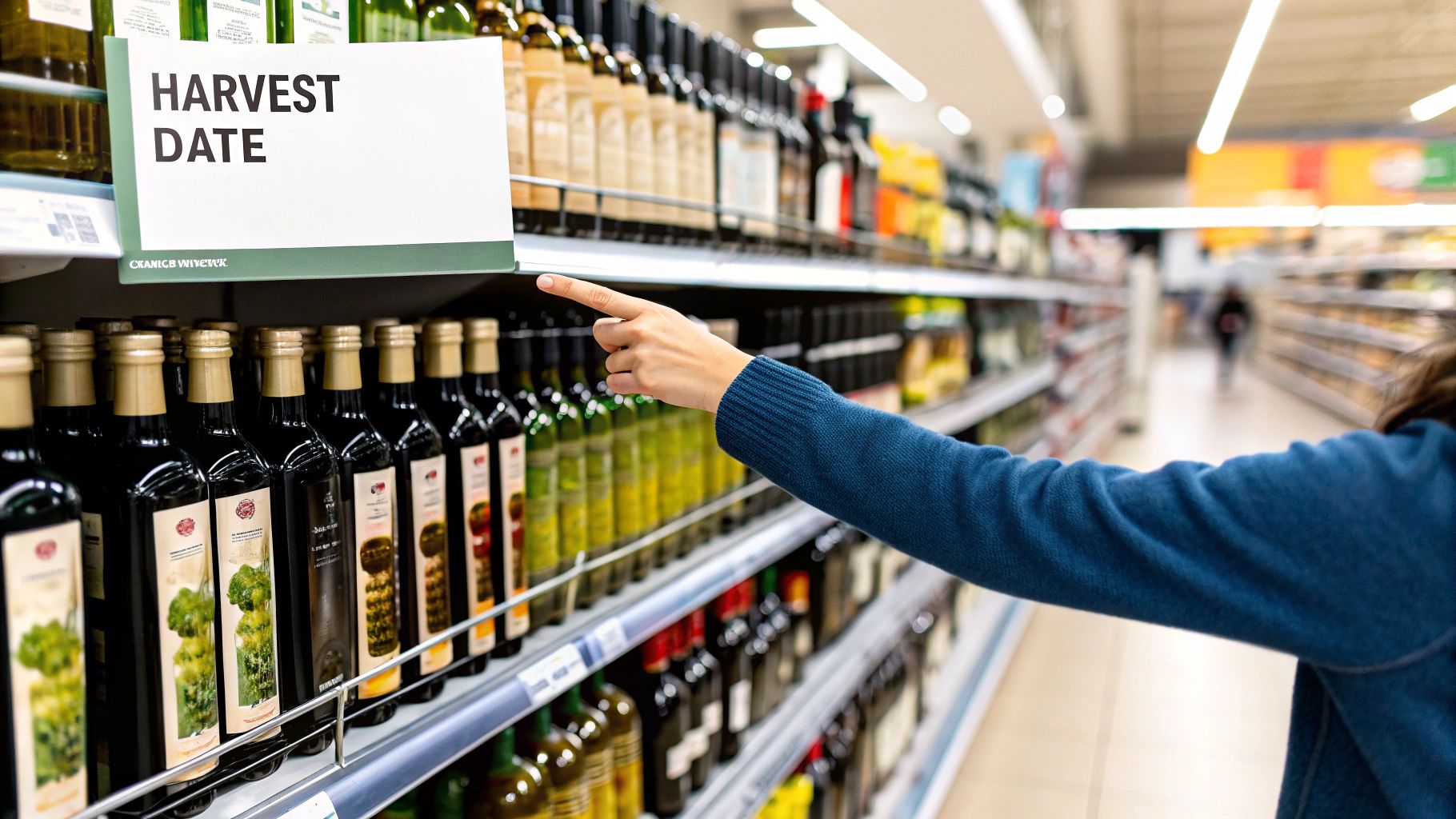 A person's hand selecting a dark bottle of olive oil from a supermarket shelf.