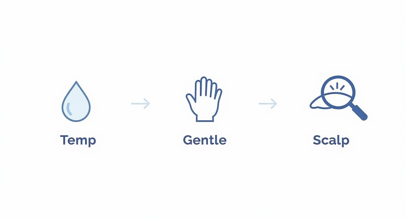 Three-step hair care routine showing water droplet, gentle hand massage, and scalp examination with magnifying glass