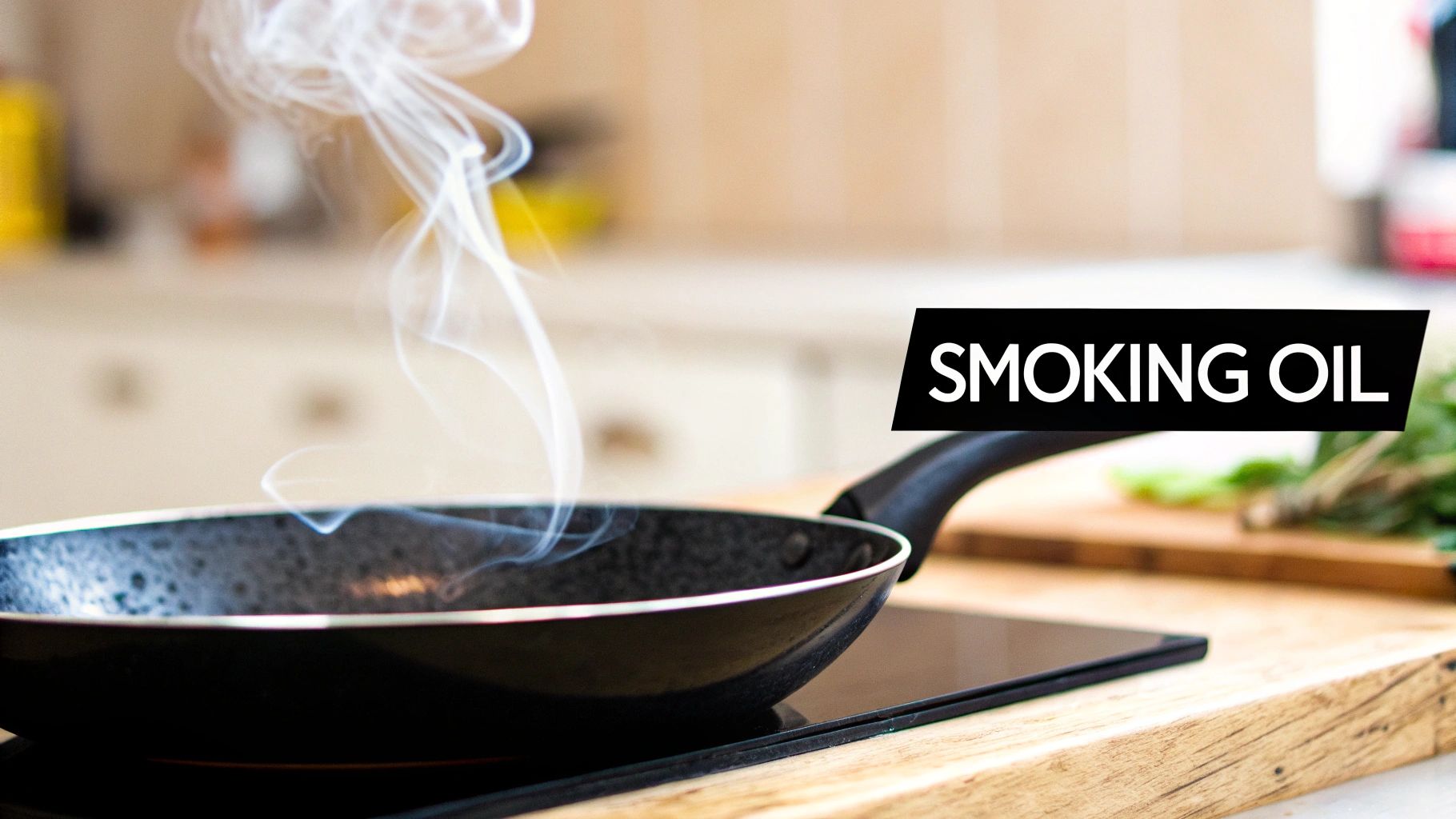Close-up of a black frying pan on an induction cooktop with white smoke rising from hot oil.