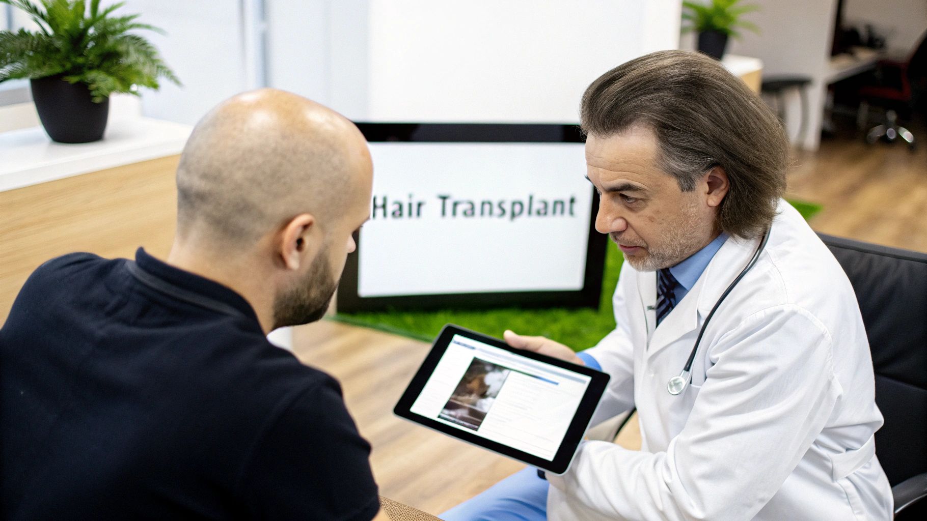 A doctor shows a patient images on a tablet during a hair transplant consultation.