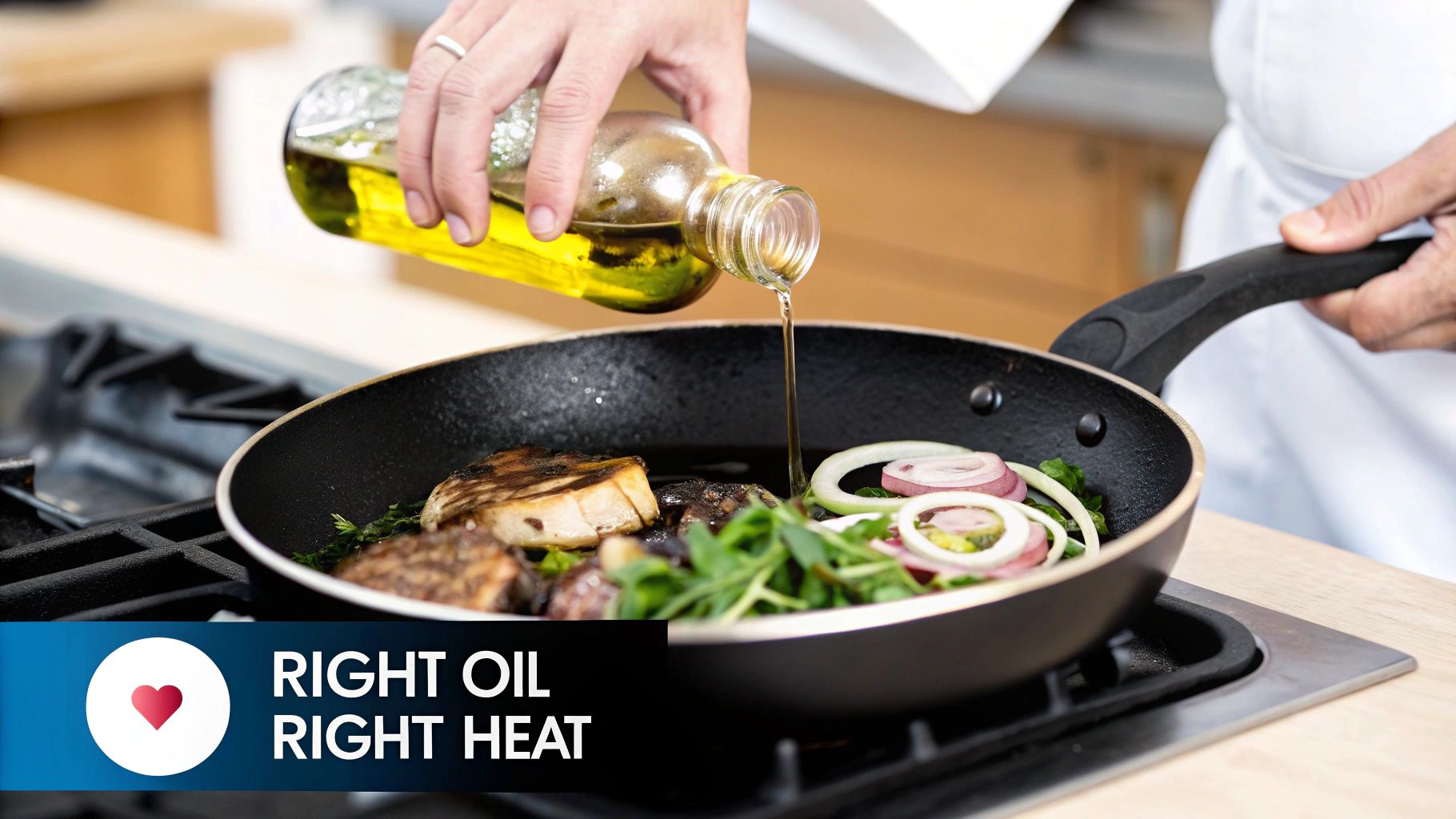 A chef pours olive oil from a bottle into a black frying pan with grilled meat, onions, and greens on a stove.