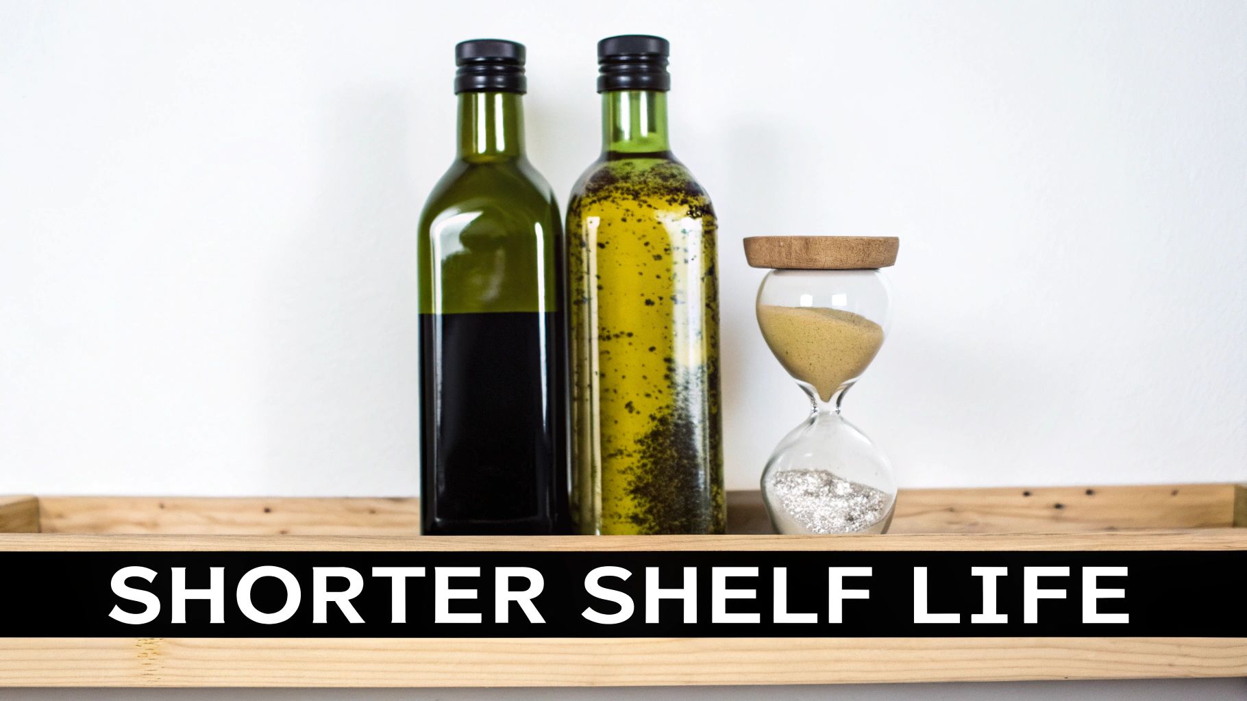 Two bottles of olive oil, one clear and one cloudy, side by side on a rustic wooden table.