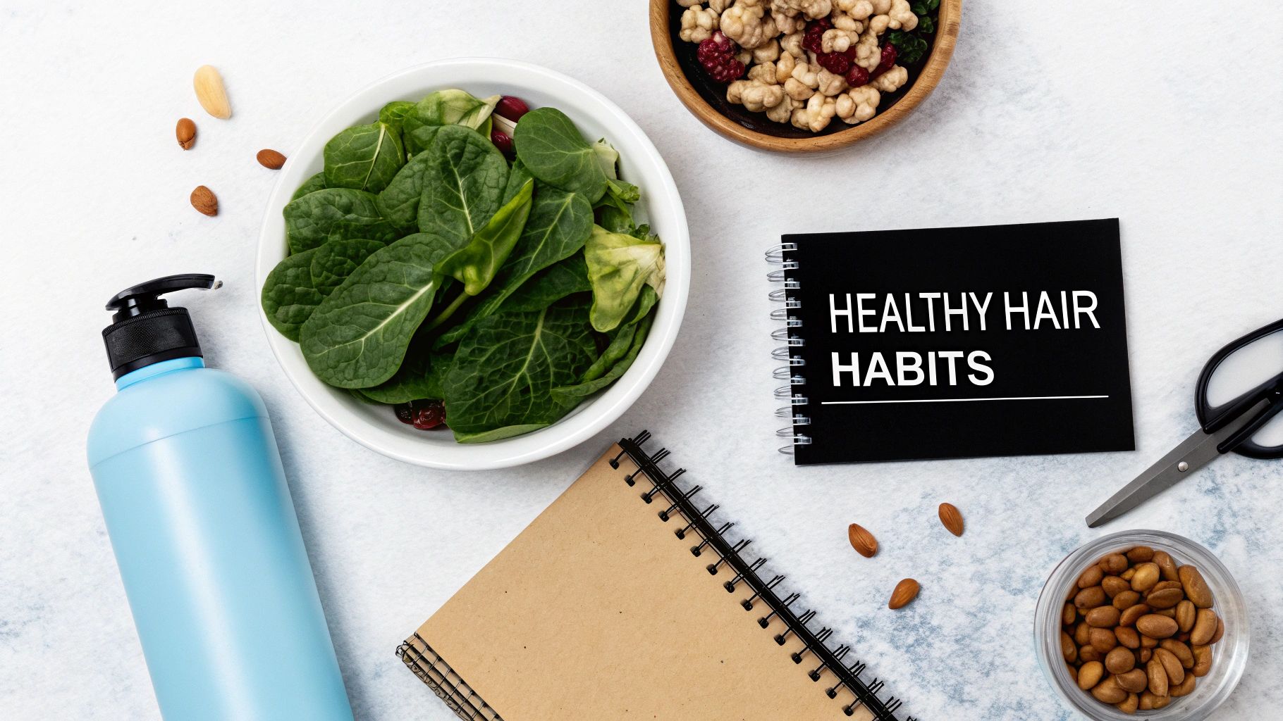 Healthy hair habits flatlay with leafy greens, nuts, and hair care notebook for wellness planning