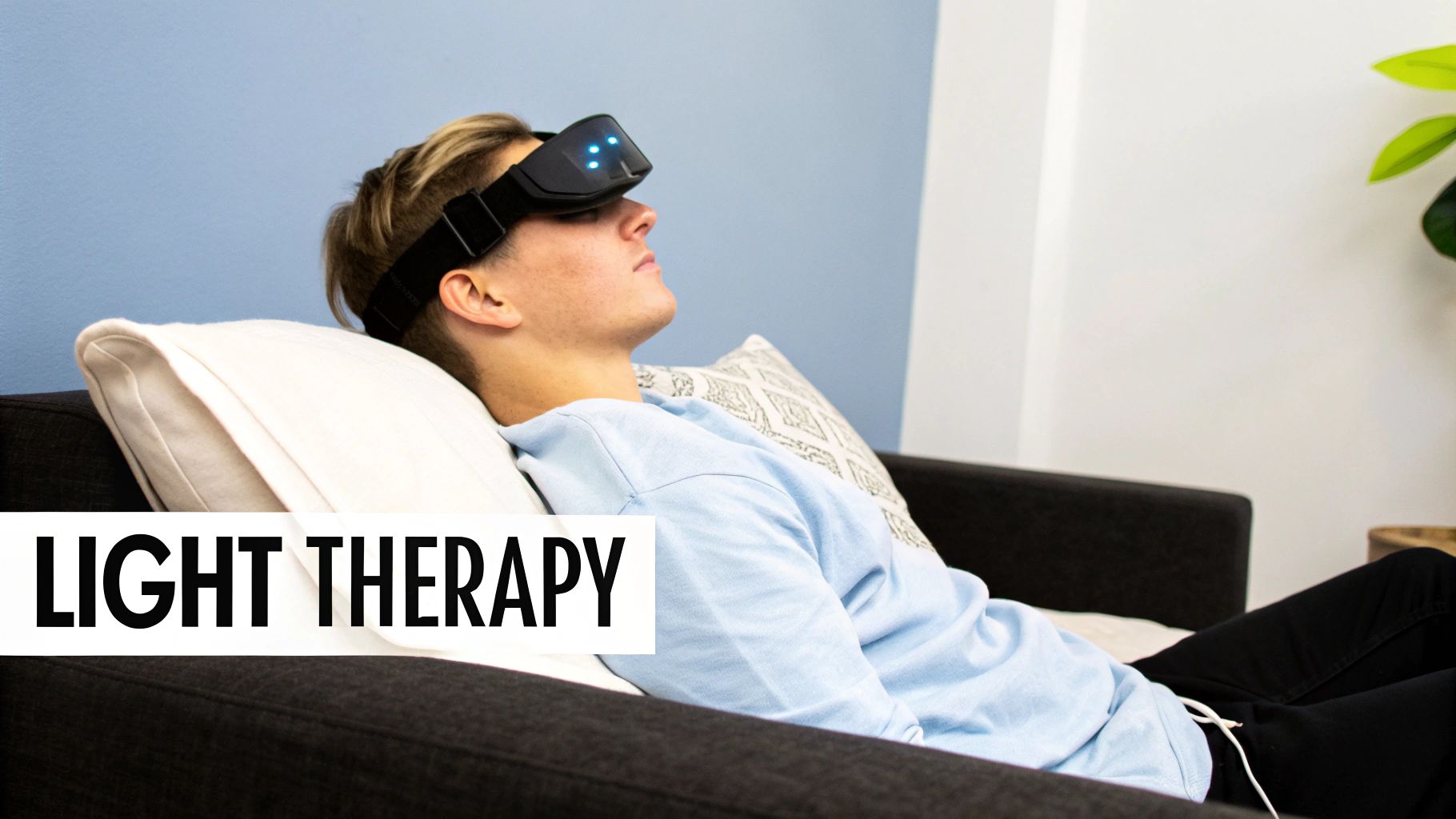 A person relaxing on a dark gray couch, wearing a black light therapy mask over their eyes.