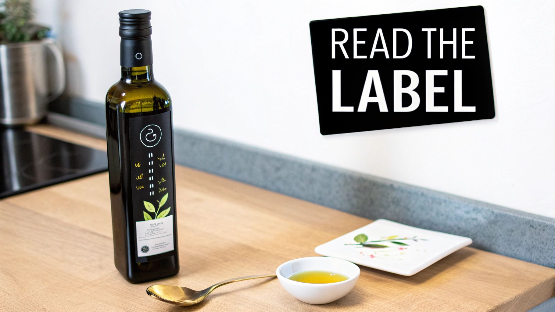 A bottle of olive oil, a spoon, and a small bowl on a kitchen counter with a 'Read the Label' sign.