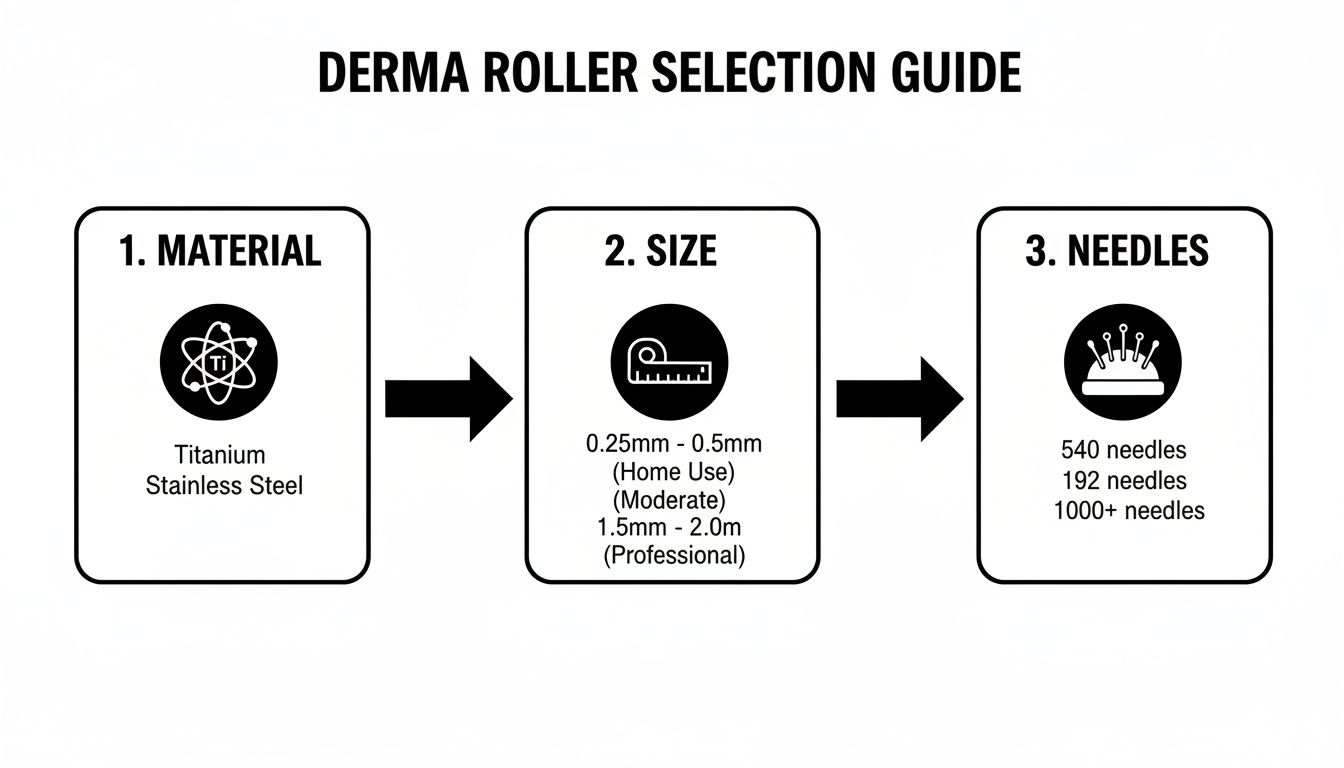 A visual guide for selecting a derma roller, detailing material, size, and needle options.