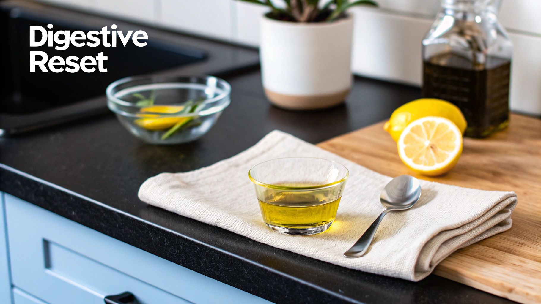 A kitchen counter with olive oil, fresh lemons, and herbs for a digestive reset.