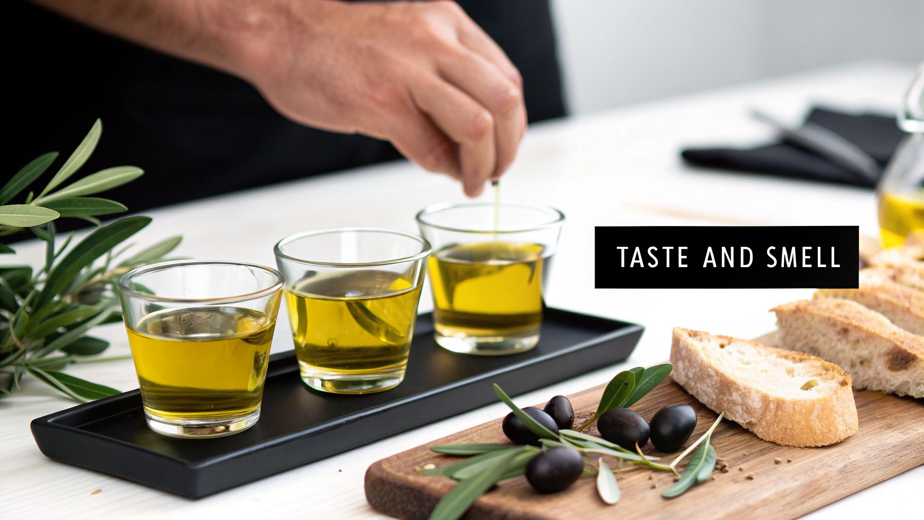 Olive oil tasting featuring three glasses of golden oil, fresh olives, and crusty bread slices on a table.