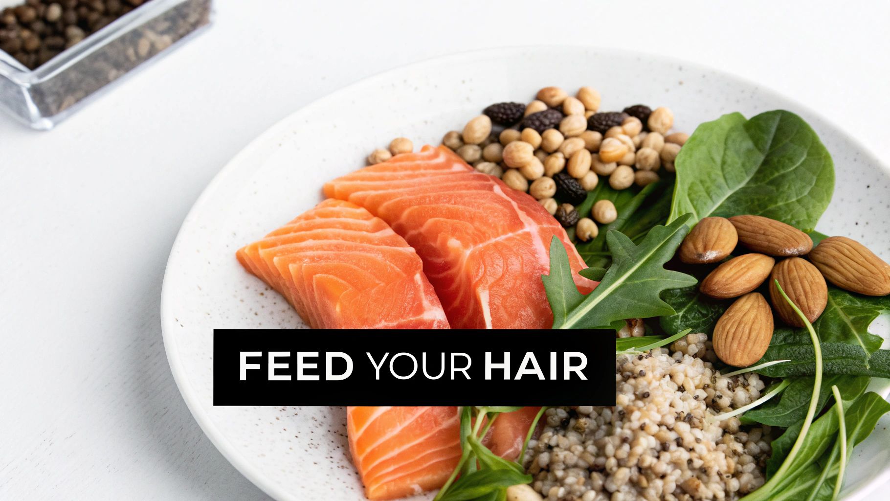 A white plate filled with salmon, spinach, almonds, chickpeas, and grains, promoting hair health.