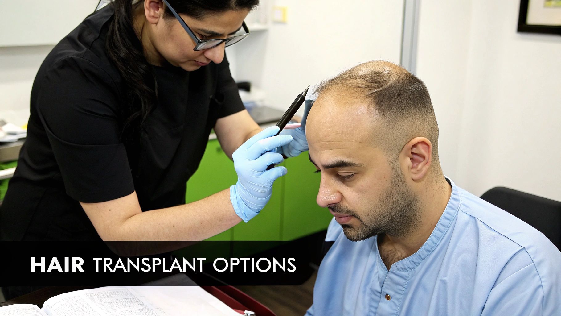 A medical professional examines a man's scalp for hair transplant options, highlighting receding hairline.