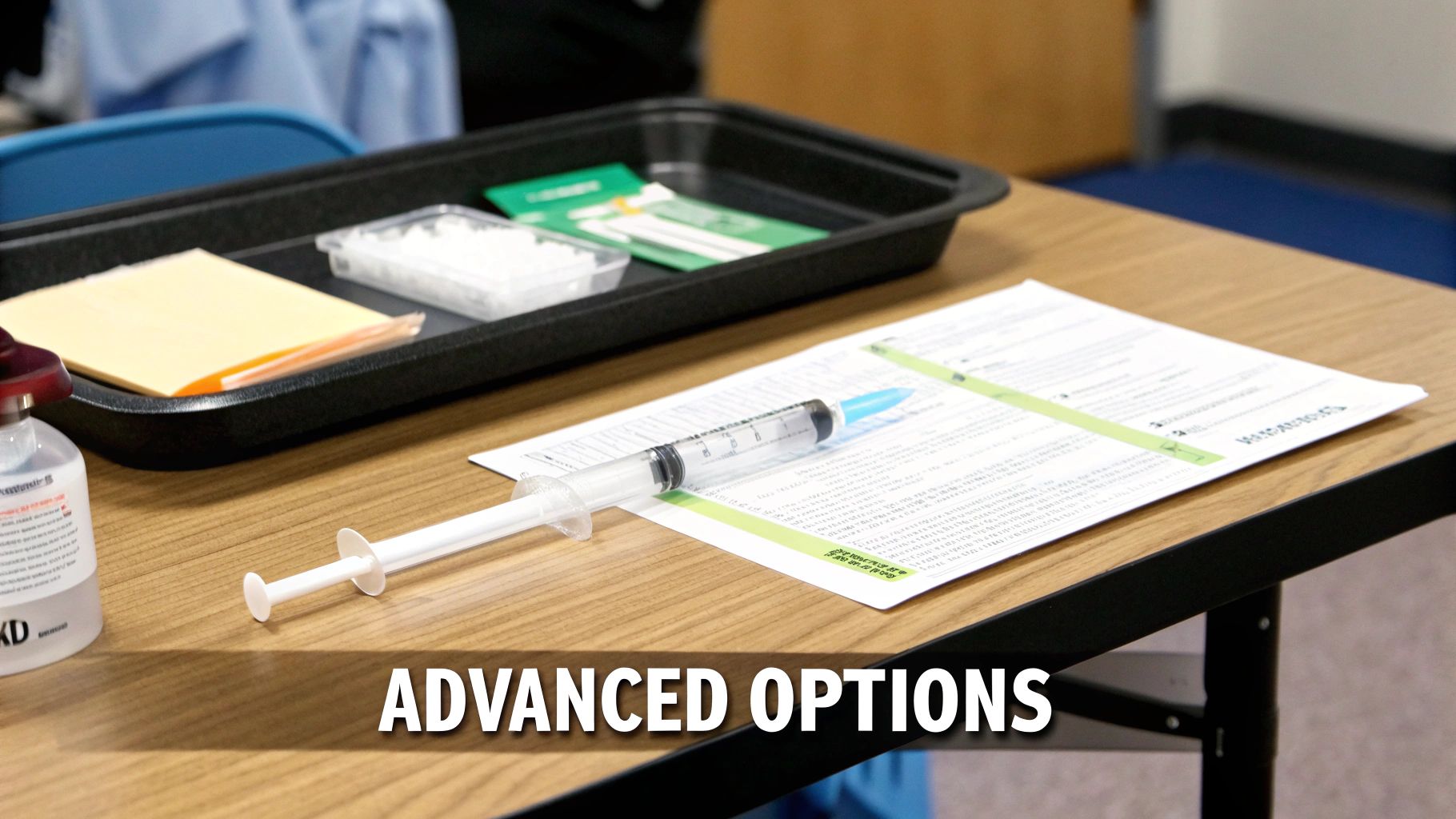 Medical syringe and vaccination documents on desk showing advanced hair treatment options