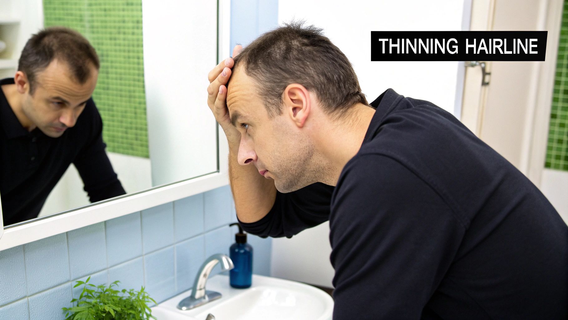 A man examining his hairline in a mirror, looking for signs of change.