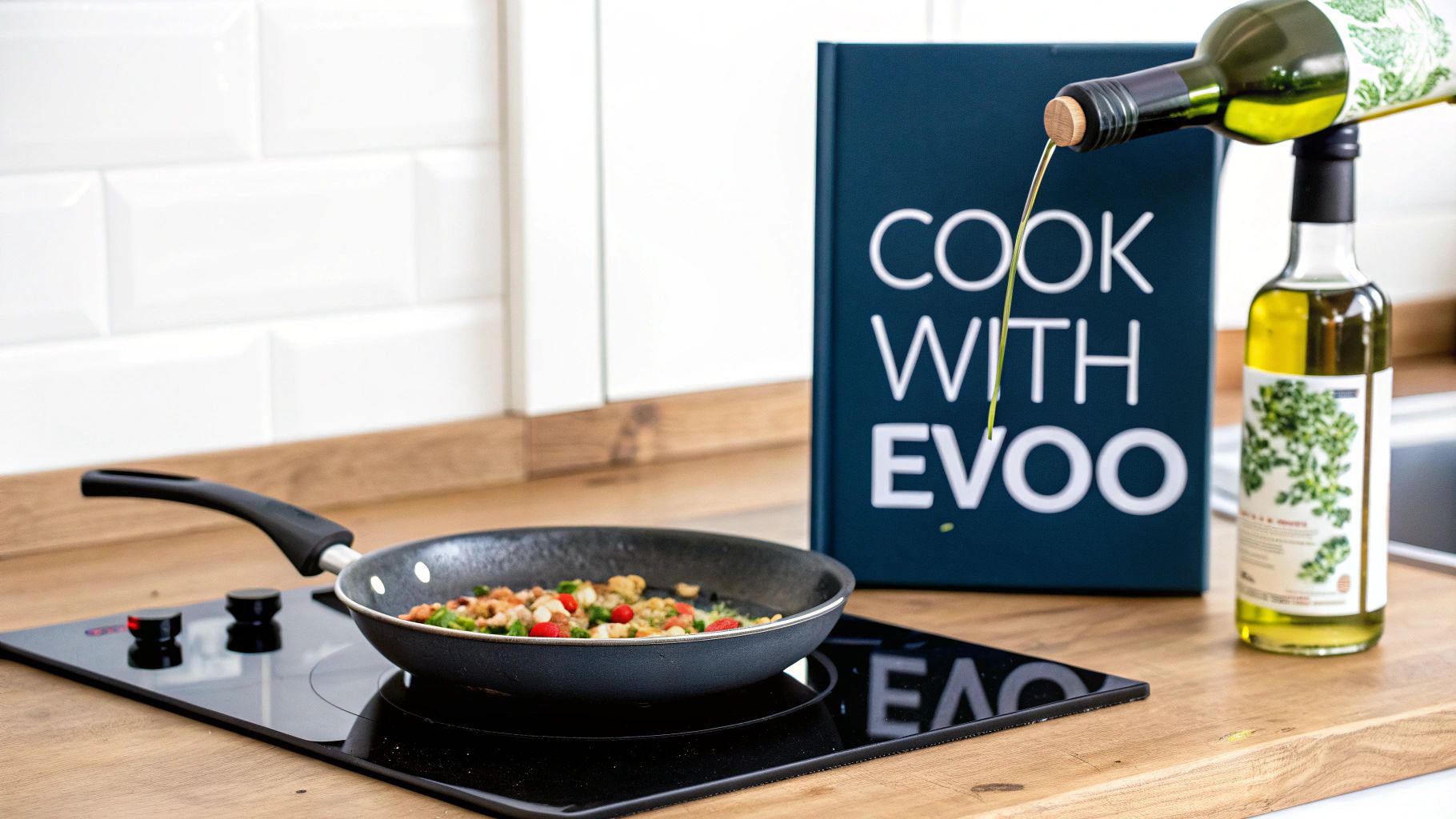 Olive oil pouring into a pan of colorful vegetables on a kitchen hob, next to a cookbook.