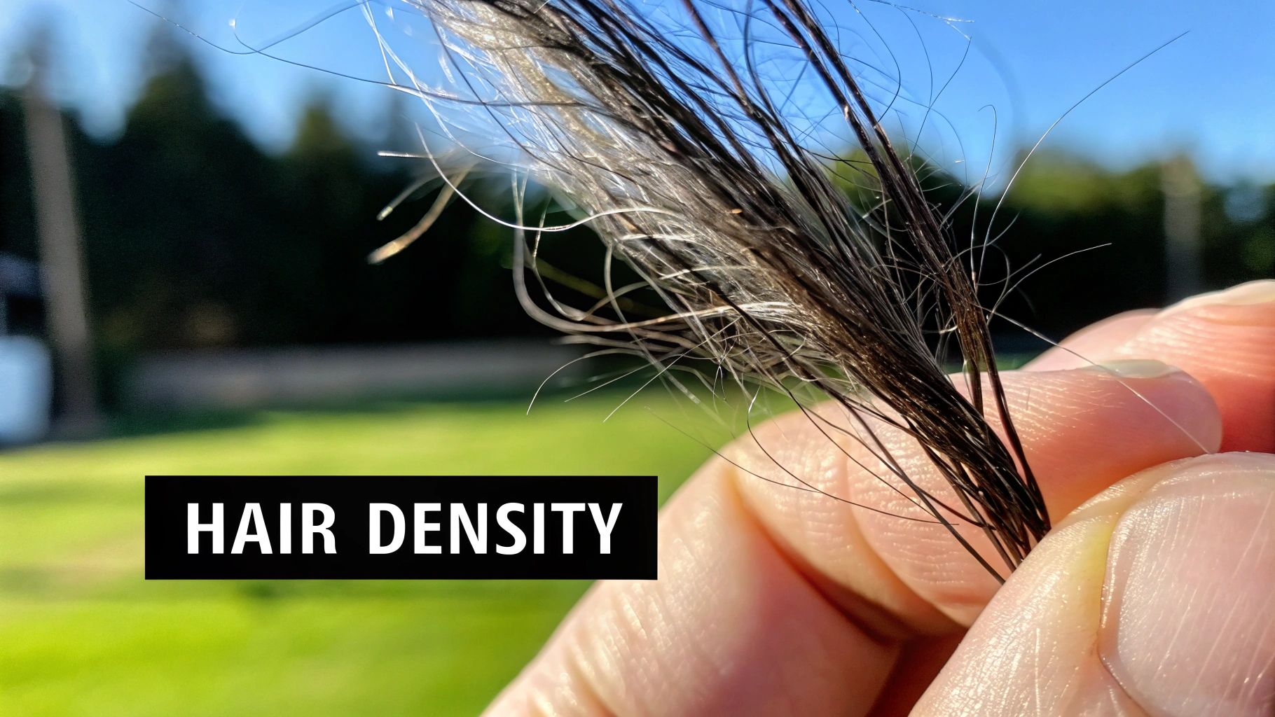 A dermatologist using a trichoscope to perform a hair density test on a man's scalp.