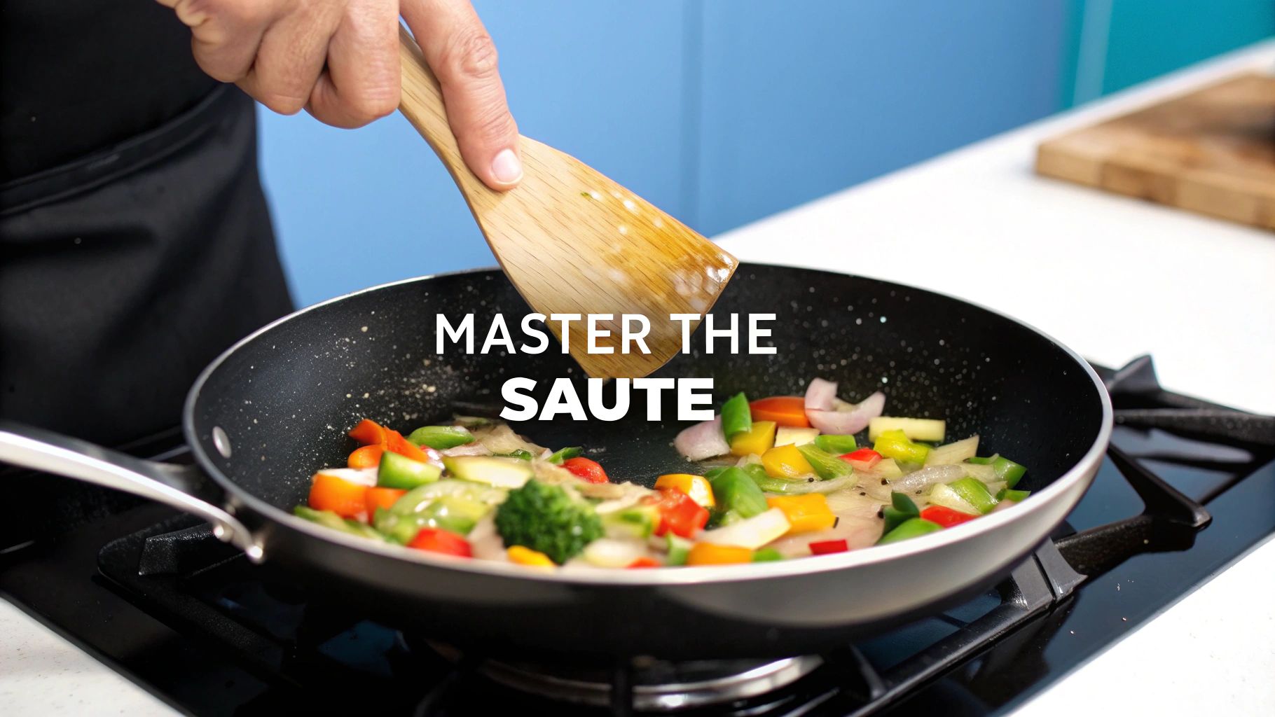 Sizzling vegetables being sauteed in a stainless steel pan with olive oil