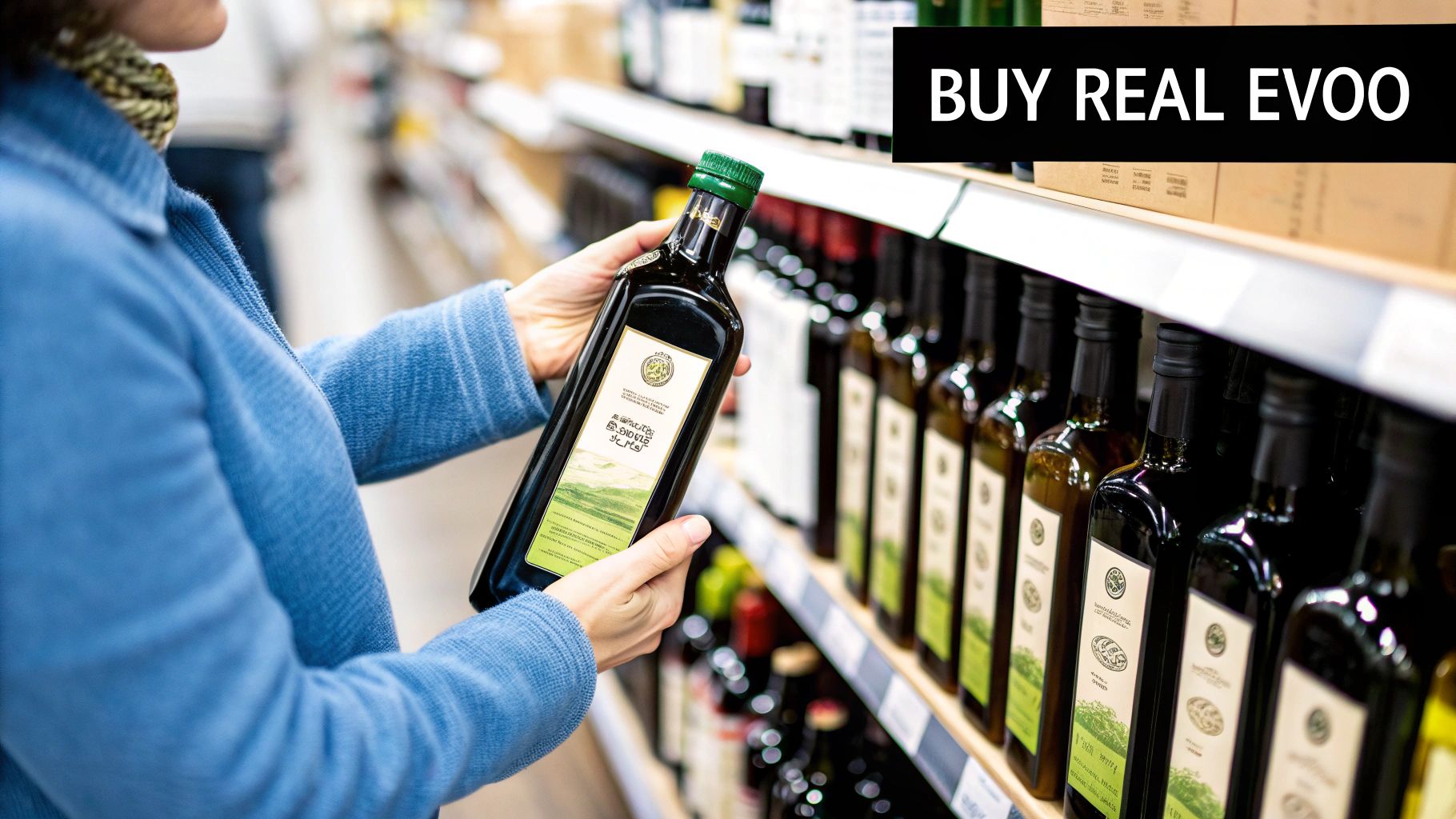 Woman in blue sweater holding bottle of extra virgin olive oil in store aisle