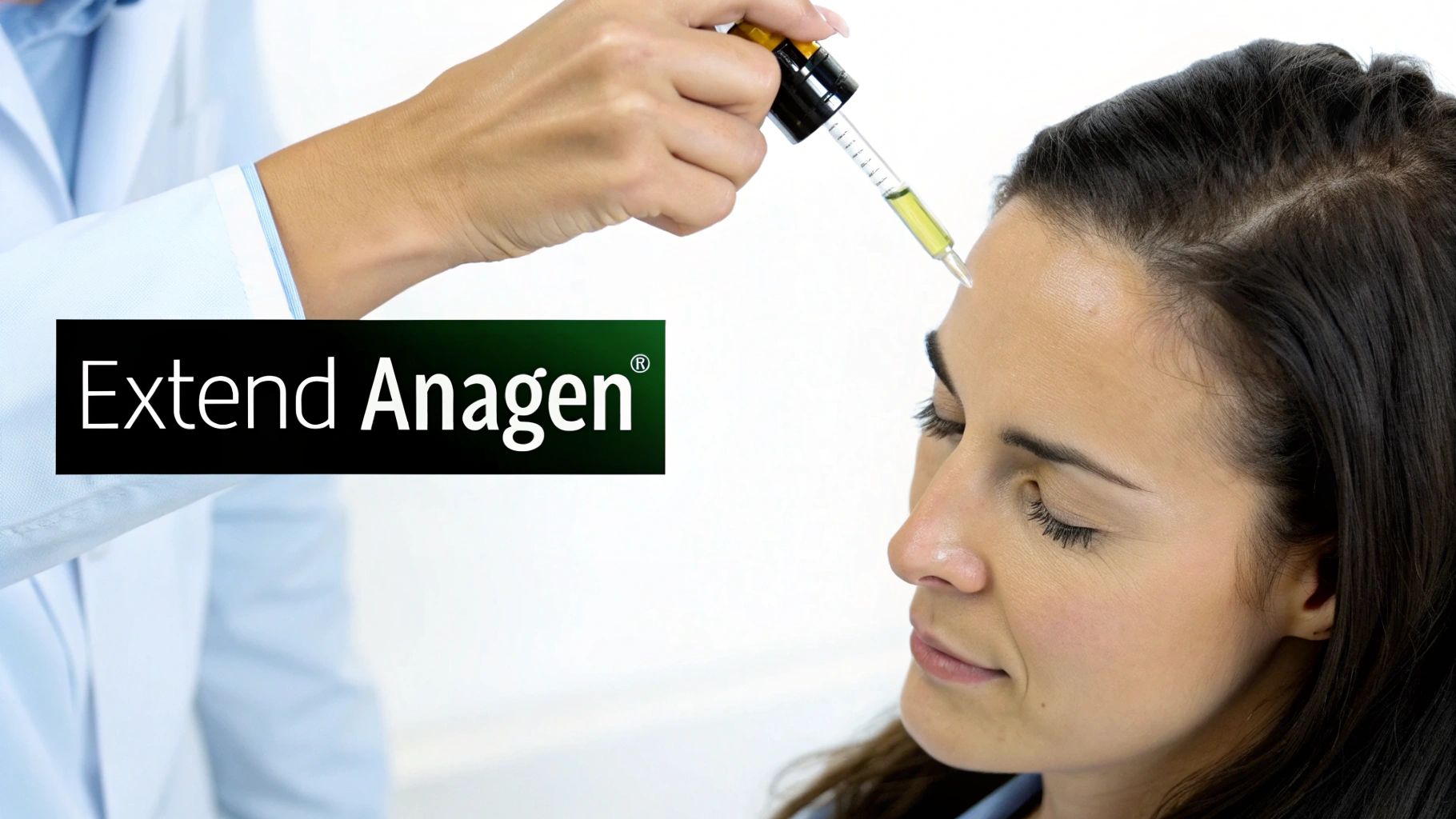 A person applies a hair treatment serum with a dropper to a woman's scalp.