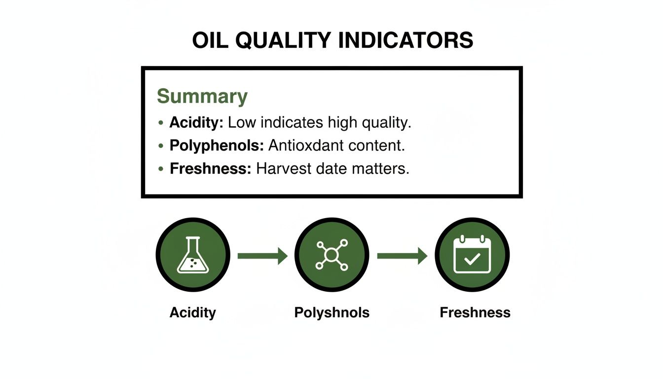Diagram illustrating three main oil quality indicators: acidity, polyphenols, and freshness, with a summary.