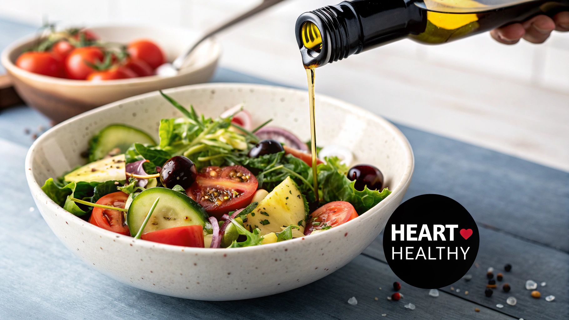 Bottle of golden olive oil next to a bowl of fresh olives
