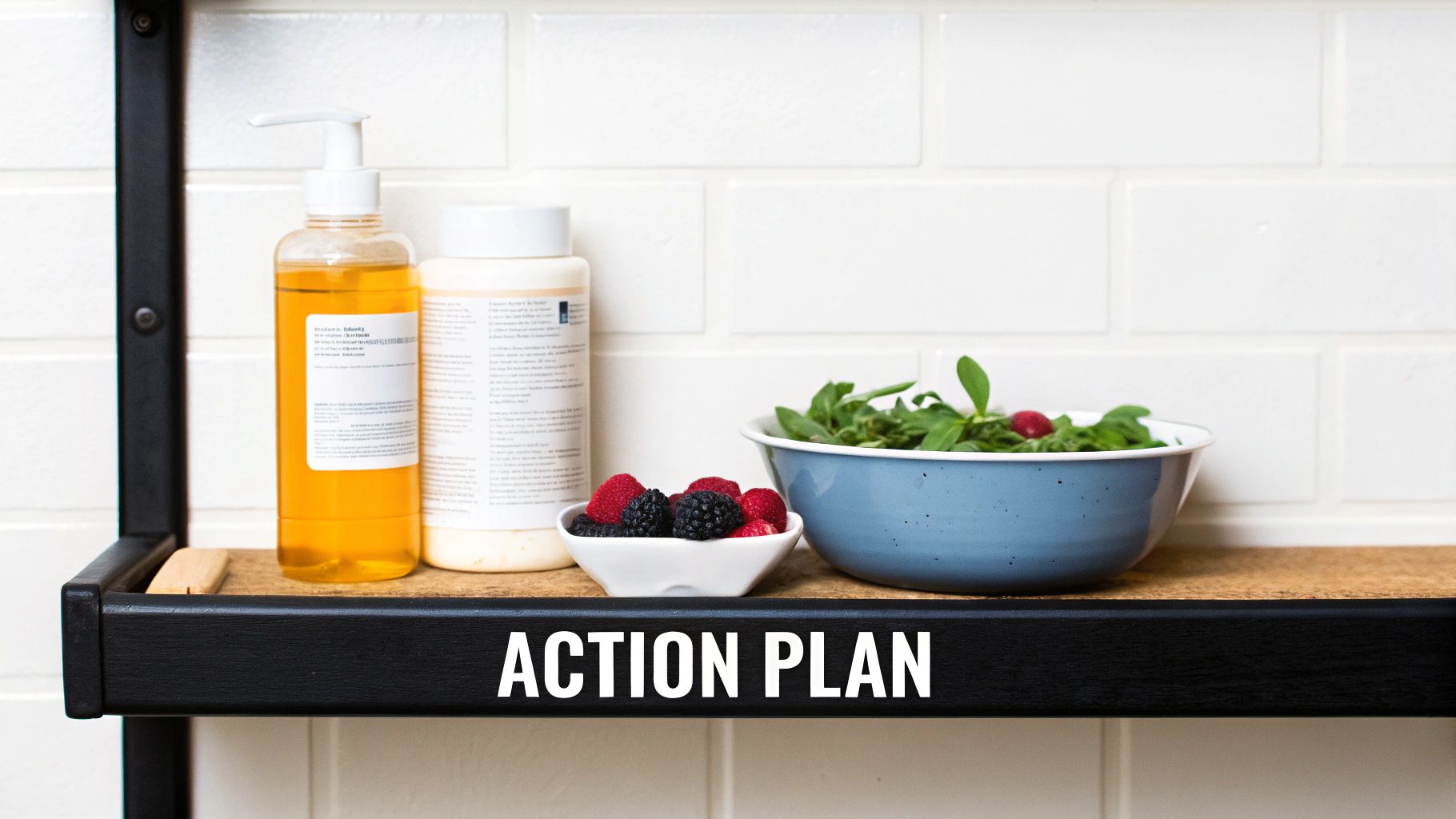 A shelf holds a soap bottle, another bottle, a bowl of berries, and a salad bowl.