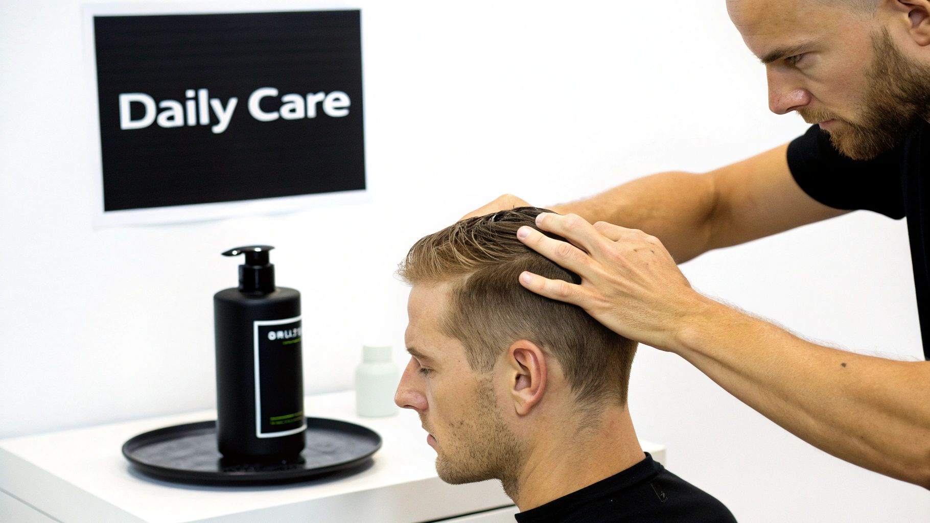 Professional hairstylist styling man's hair with daily care products for thinning hair treatment