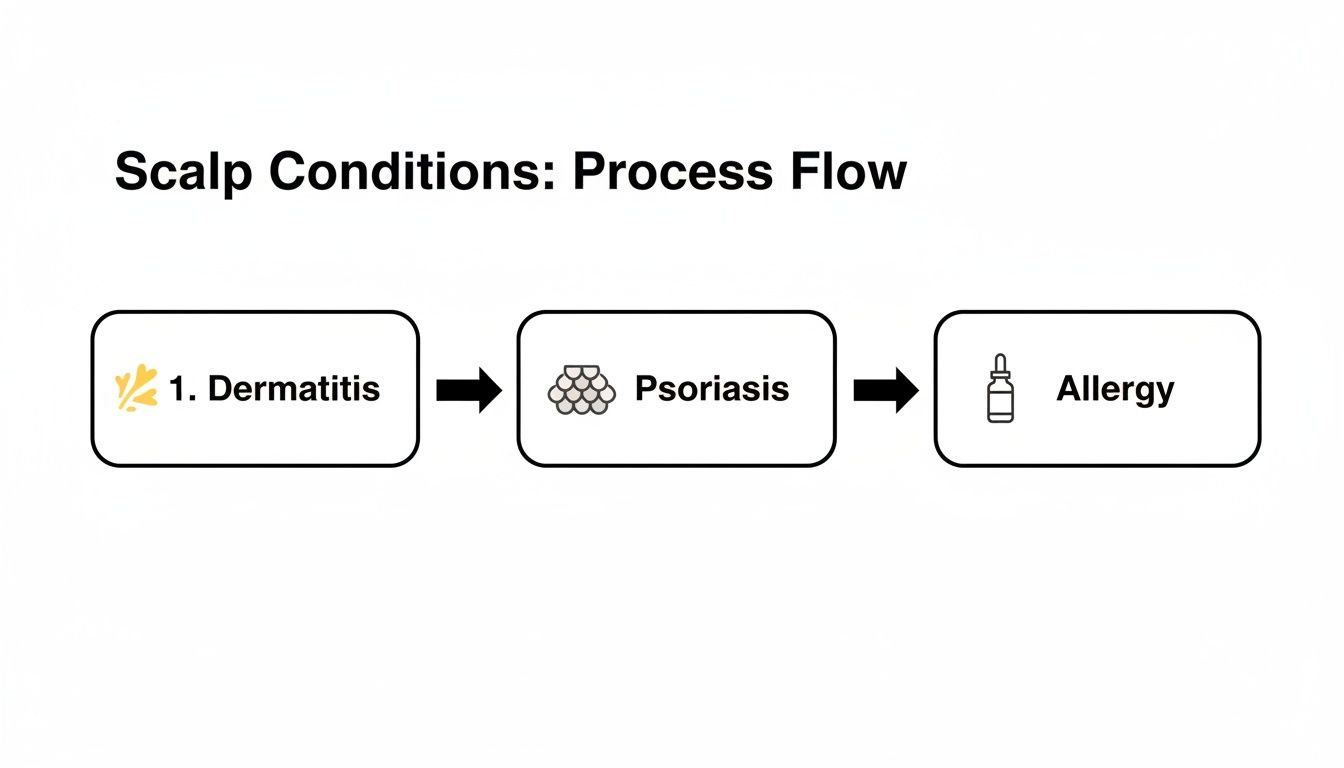 A process flow diagram titled 'Scalp Conditions' showing Dermatitis, Psoriasis, and Allergy in sequence.