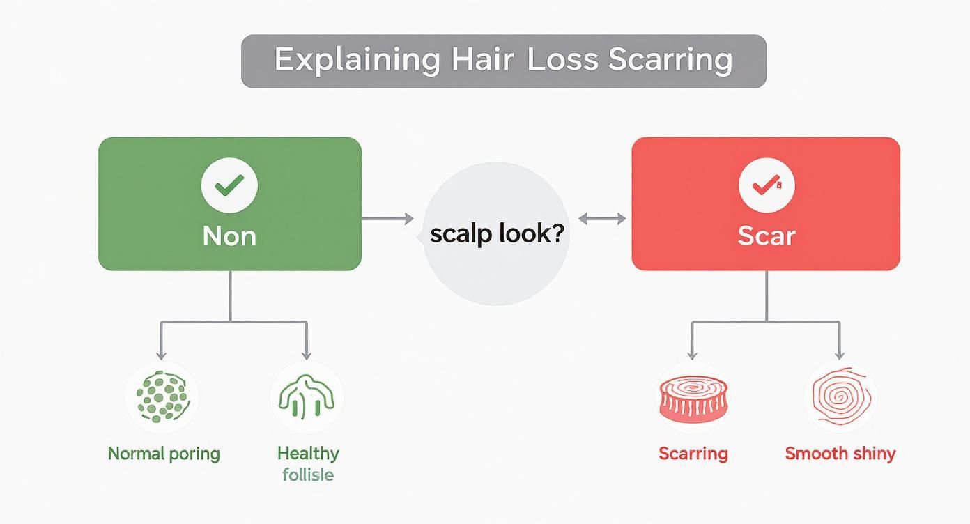 Diagram explaining hair loss scarring, showing non-scarring with healthy follicles versus scarring with a smooth, shiny appearance.